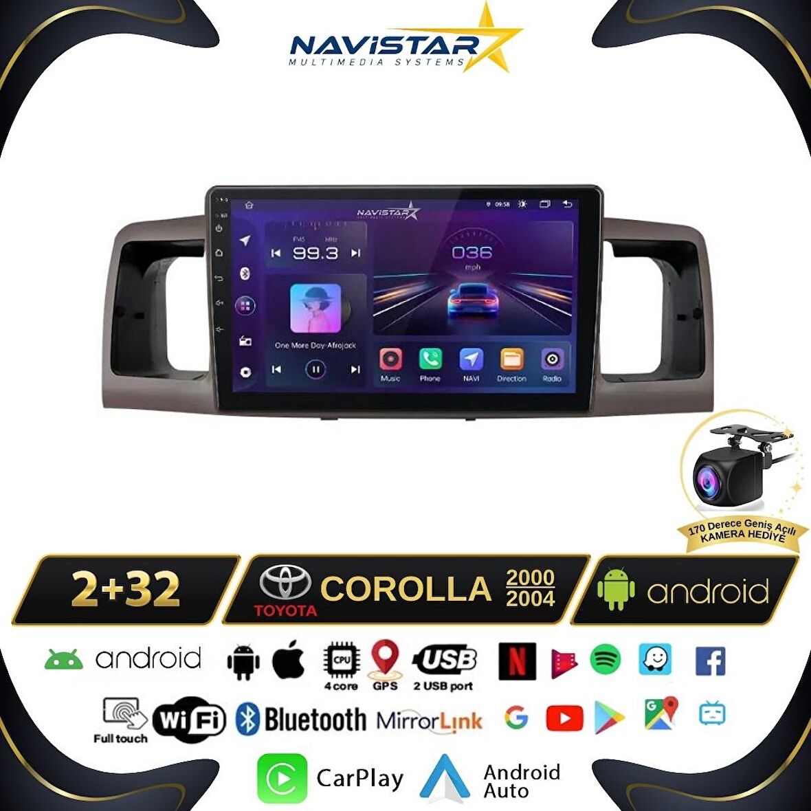 Toyota Corolla 2000-2004 Model 2+32GB Android 13 Kablosuz Carplay Navigasyon Multimedya Sistemi 