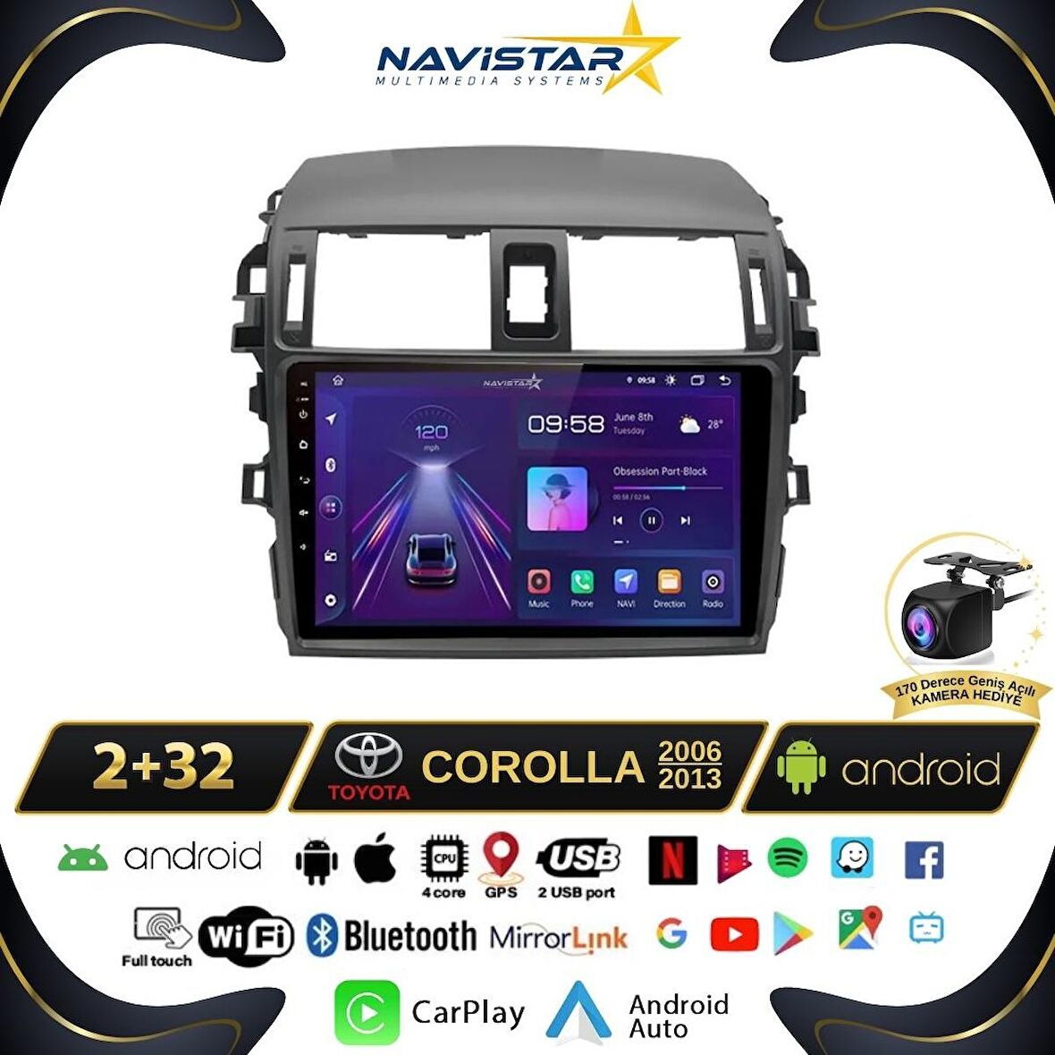 Toyota Corolla Kablosuz Carplay 2+32GB Android 13 Navigasyon Multimedya Sistemi