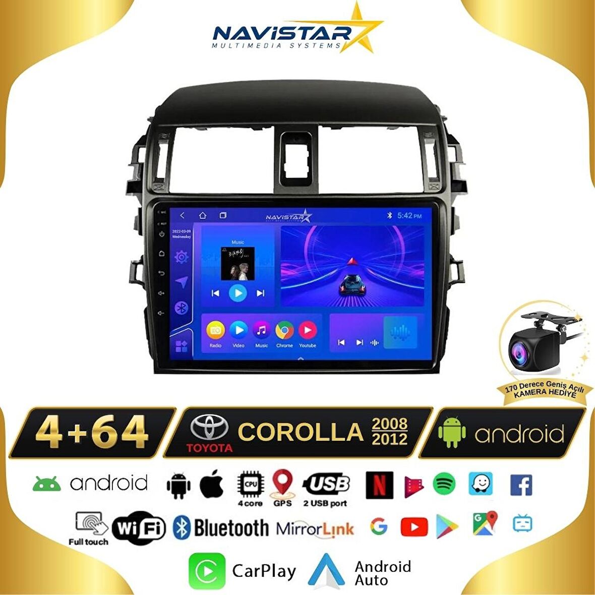 Toyota Corolla 2008-2012 Model 4GB + 64GB Android 13 Kablosuz Carplay Navigasyon Multimedya Sistemi 