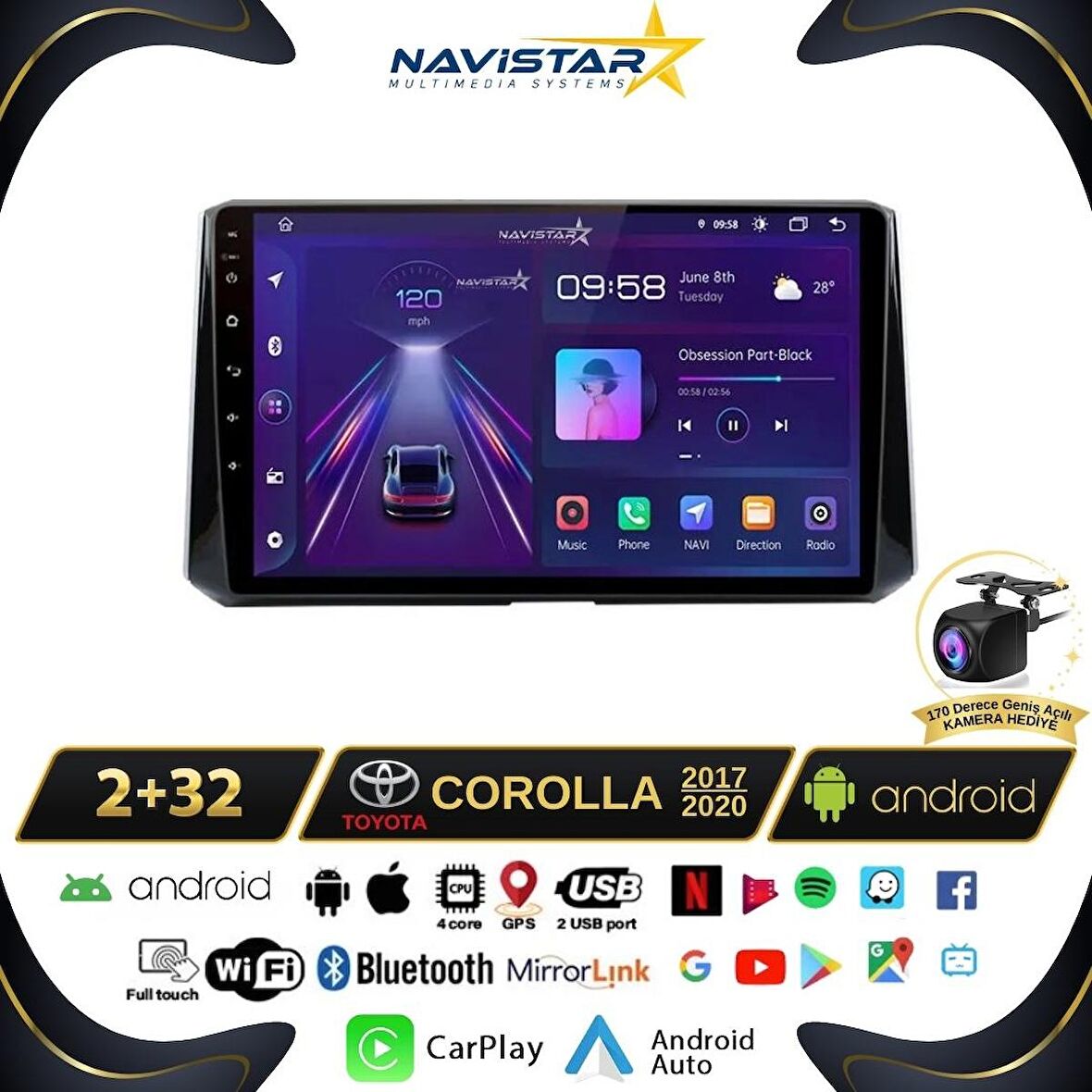 Toyota Corolla 2017-2020 Model 2+32GB Android 13 Kablosuz Carplay Navigasyon Multimedya Sistemi 