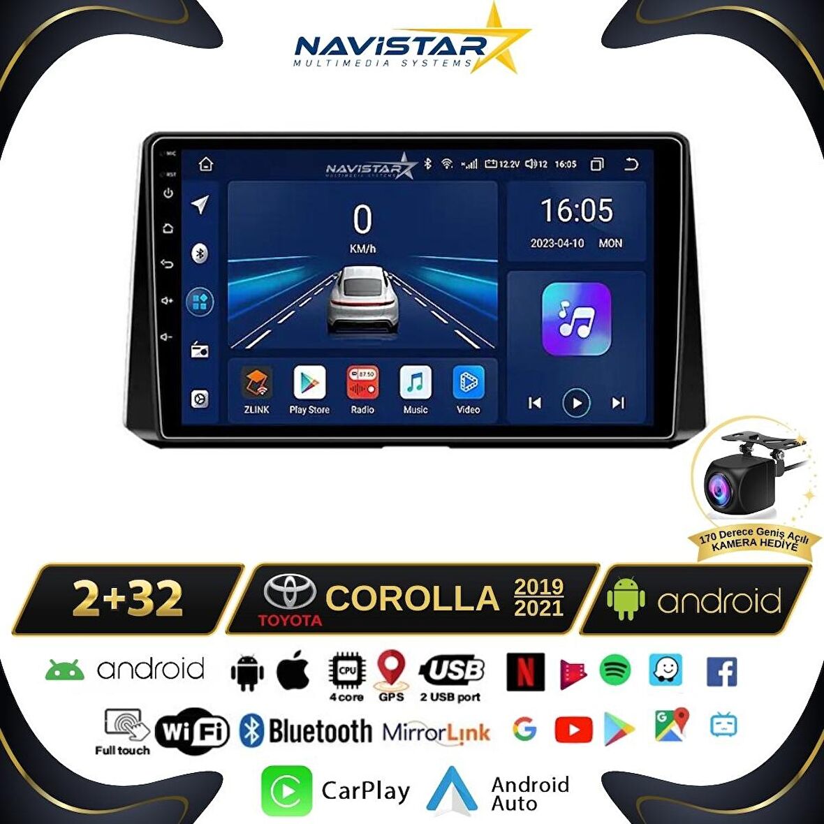 Toyota Corolla 2019-2021 Model 2+32GB Android 13 Kablosuz Carplay Navigasyon Multimedya Sistemi 