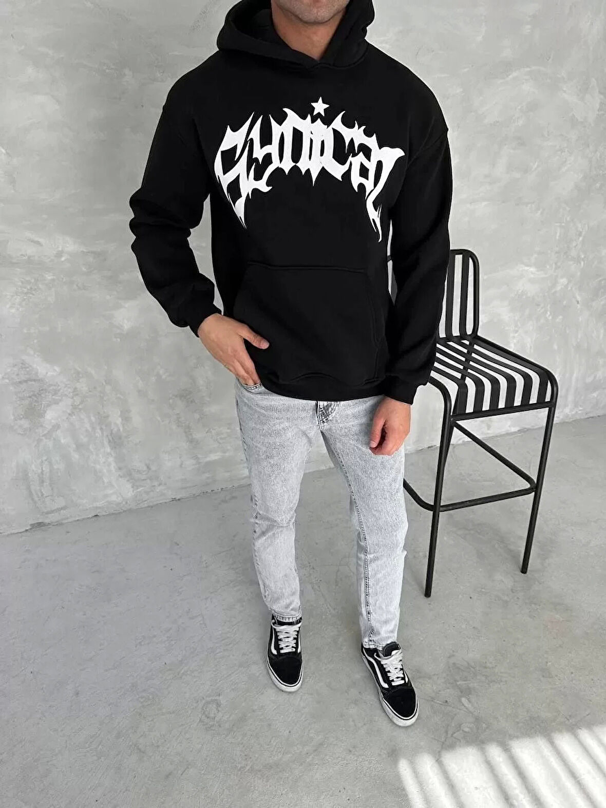 Unisex Üç İplik Kapüşonlu Baskılı SweatShirt - Siyah