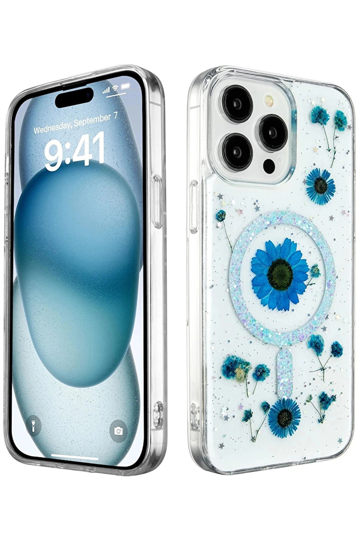 iPhone 14 Pro Max Kılıf Daisy Simli Magsafe Kapak - Mavi