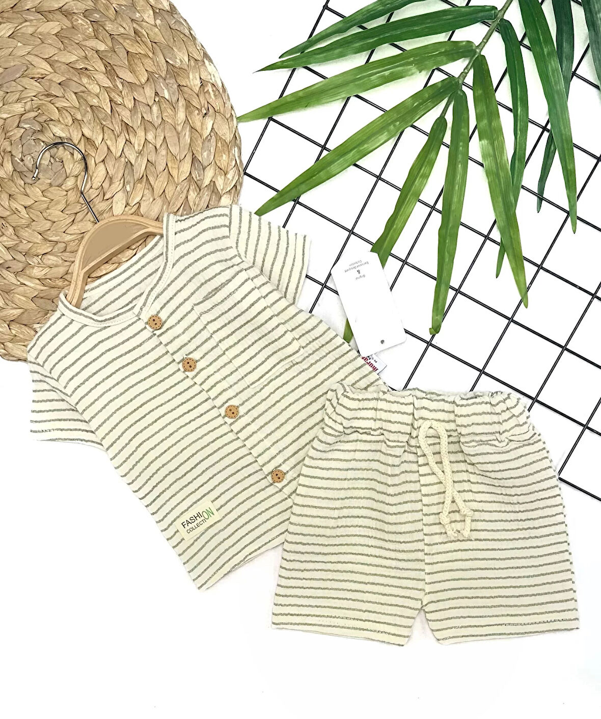 Lenaca 9-12-18-24 Ay Düğme Detaylı Çizgili Müslin Kumaş Yazlık 2li Erkek Bebek Takımı