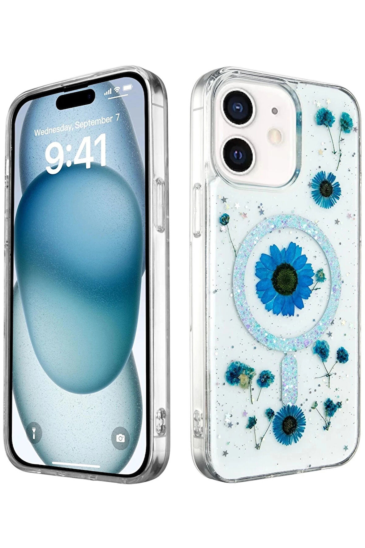 iPhone 12 Kılıf Daisy Simli Magsafe Kapak - Mavi