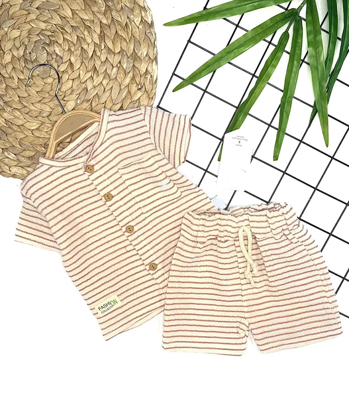 Lenaca 9-12-18-24 Ay Düğme Detaylı Çizgili Müslin Kumaş Yazlık 2li Erkek Bebek Takımı