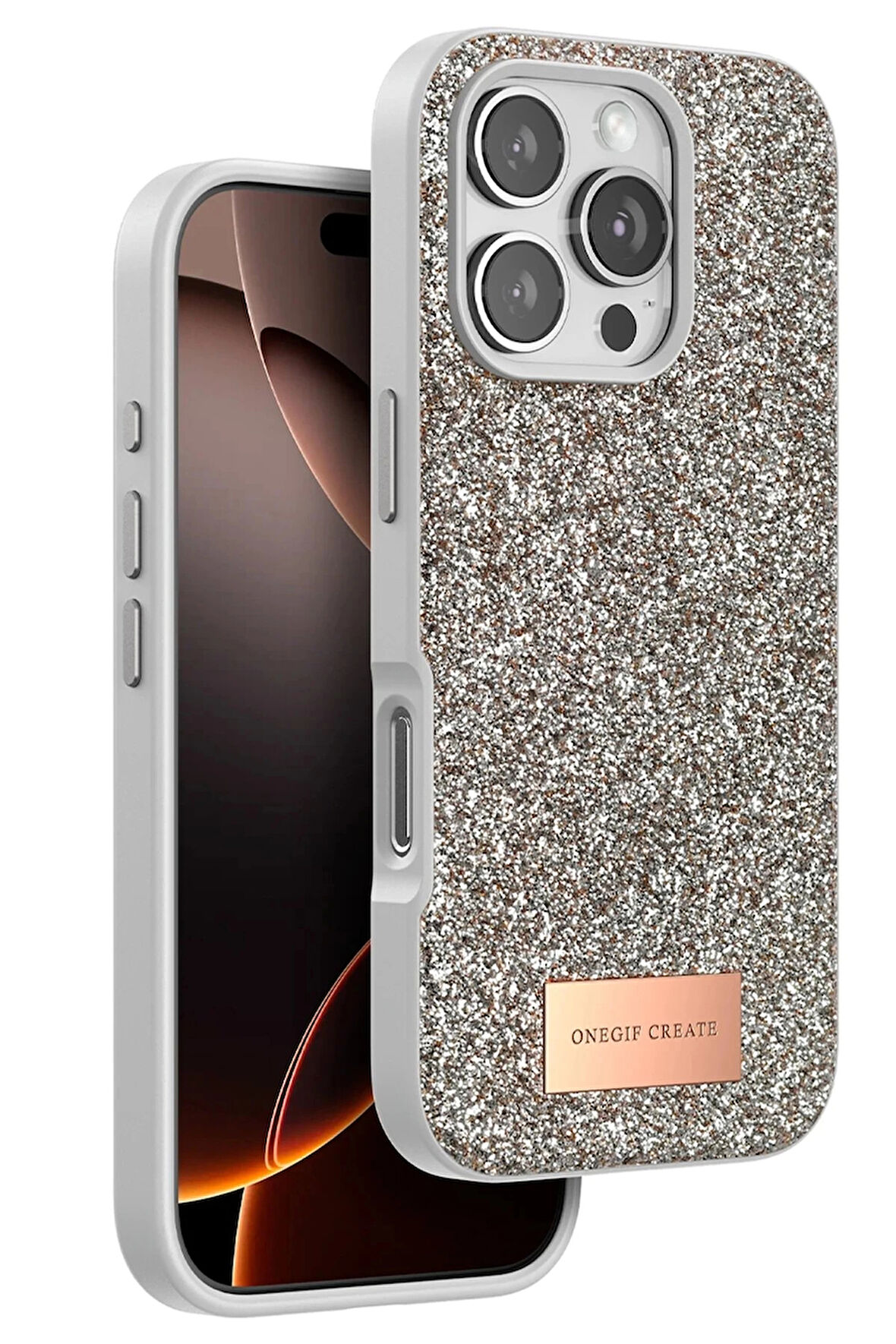 Onegif iPhone 16 Pro Bright Simli Kapak - Çöl Titanyum