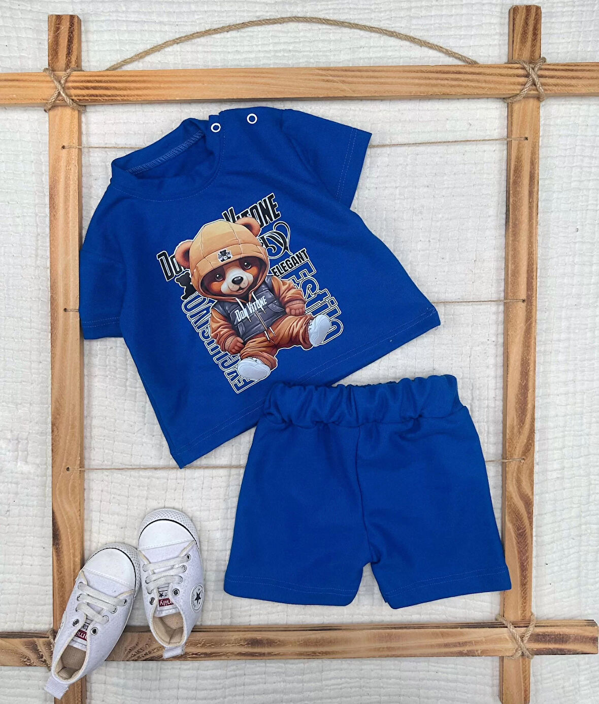 Lenaca 9-12-18-24 Ay Dansçı Ayıcık Baskılı Şortlu Kısa Kollu Tişört 2li Erkek Bebek Takımı