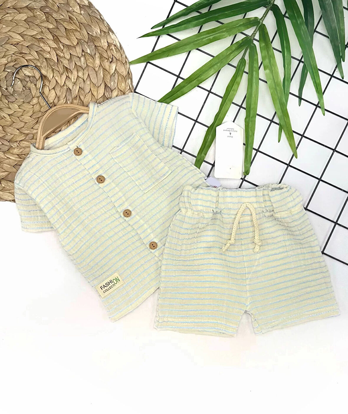 Lenaca 9-12-18-24 Ay Düğme Detaylı Çizgili Müslin Kumaş Yazlık 2li Erkek Bebek Takımı