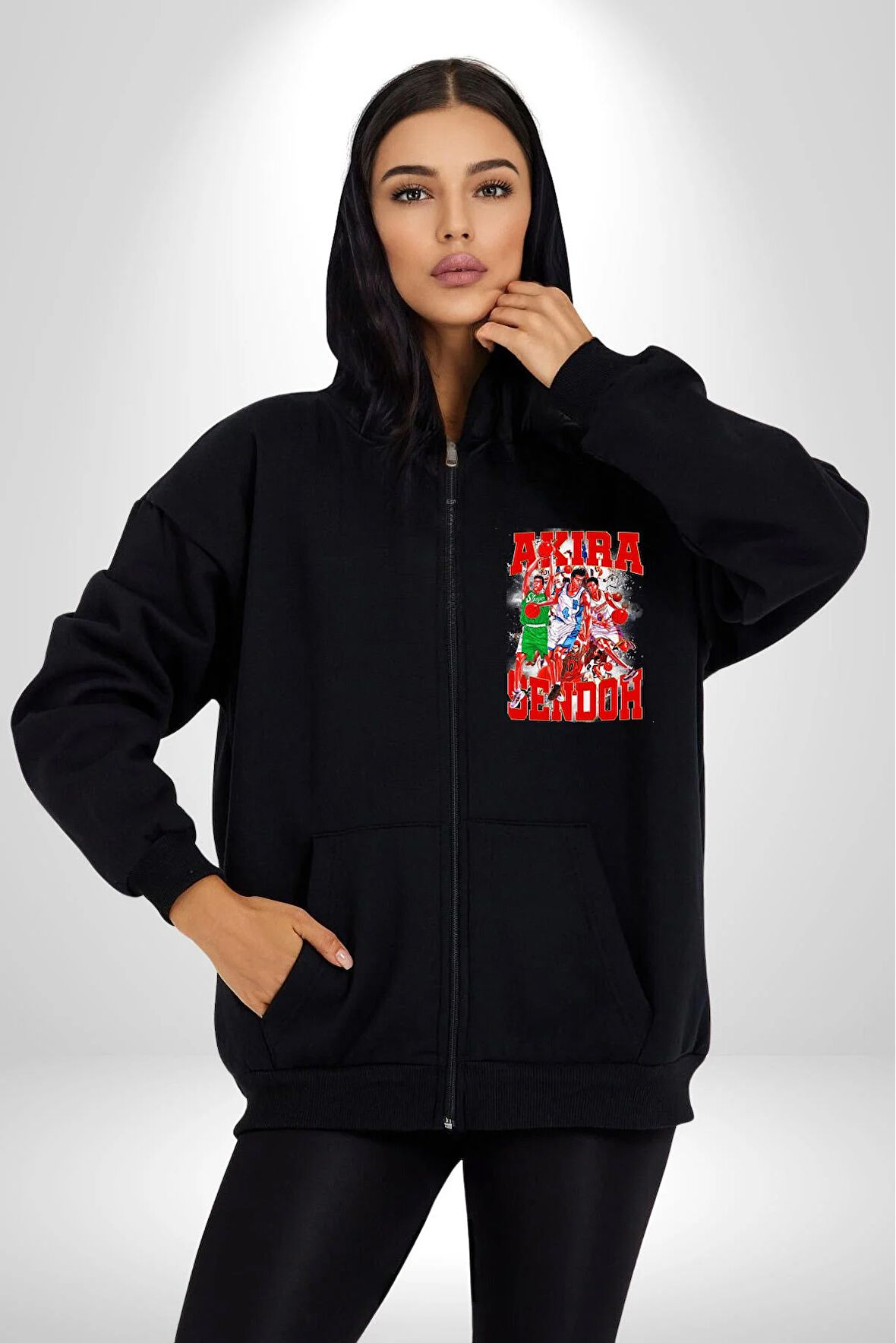 Basketbol Akira Sendoh Anime Slam Dunk Karakter Kadın Erkek Siyah Kapüşonlu Fermuarlı Baskılı Hırka Sweatshirt
