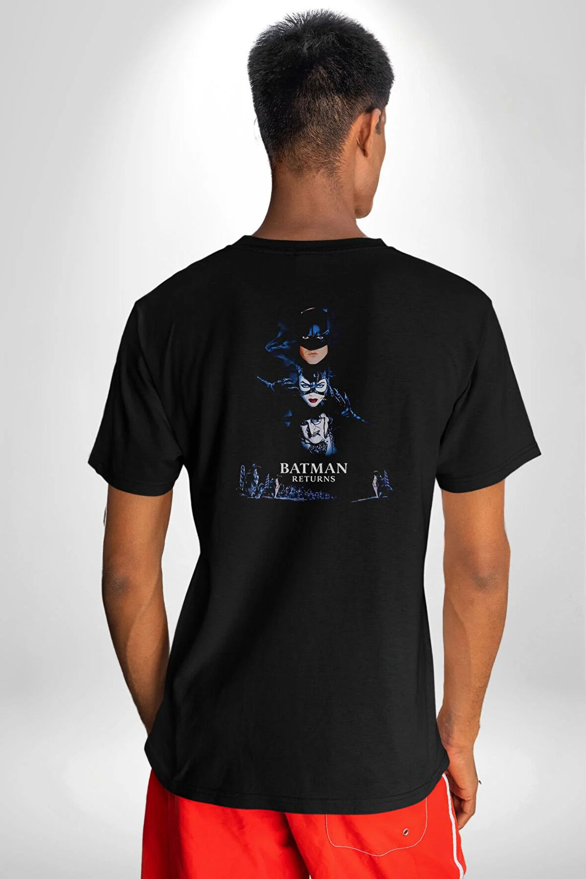 Batman Dönüyor Kedi Kız Penguen Karakter Pamuklu Kadın Erkek Oversize Sırt Dijital Baskılı Siyah T-shirt