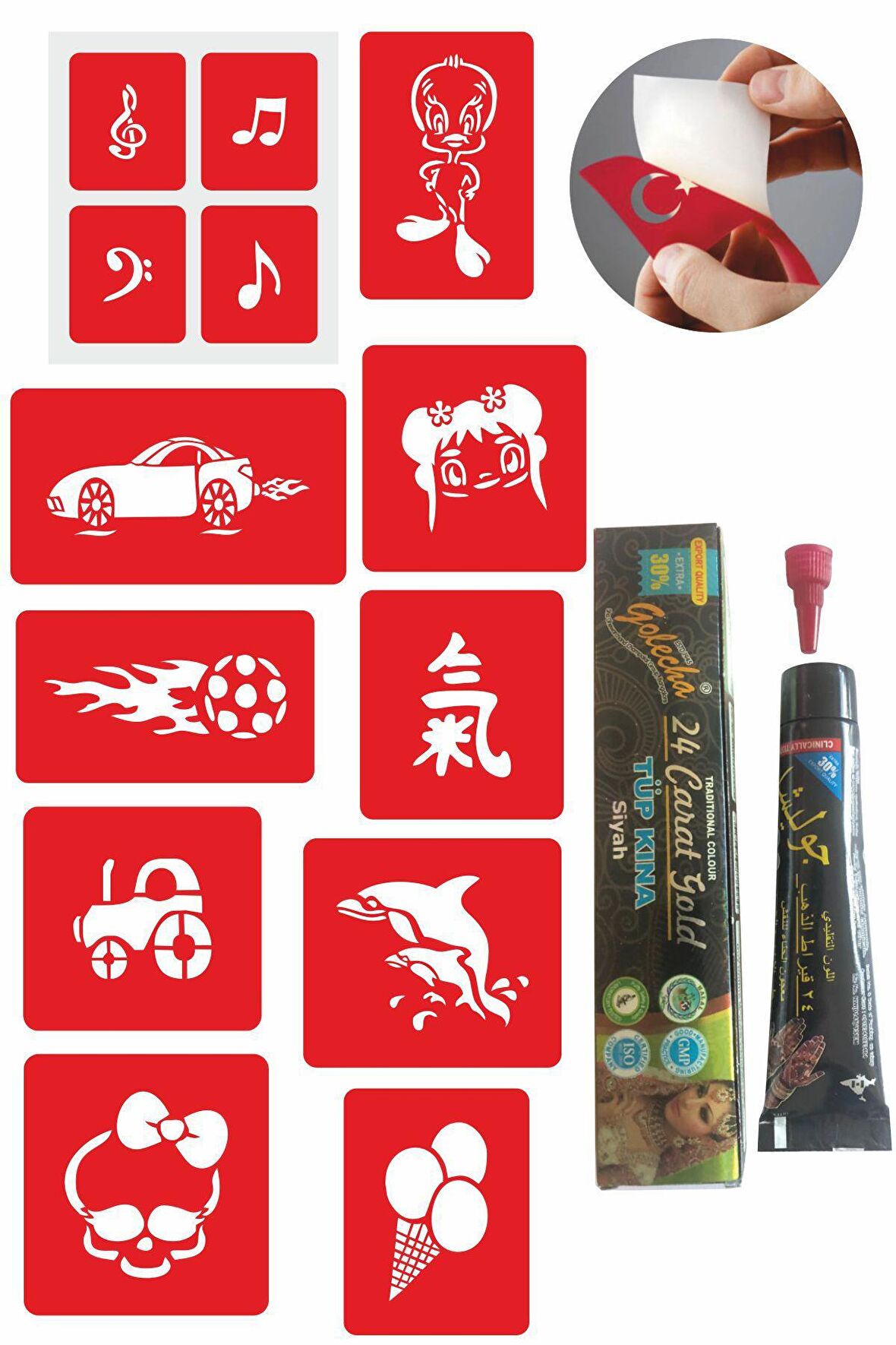 Çocuksu Tasarımlar Kınayla Geçici Dövme Kampanya Seti 1 Tüp Siyah Kına 10 desen
