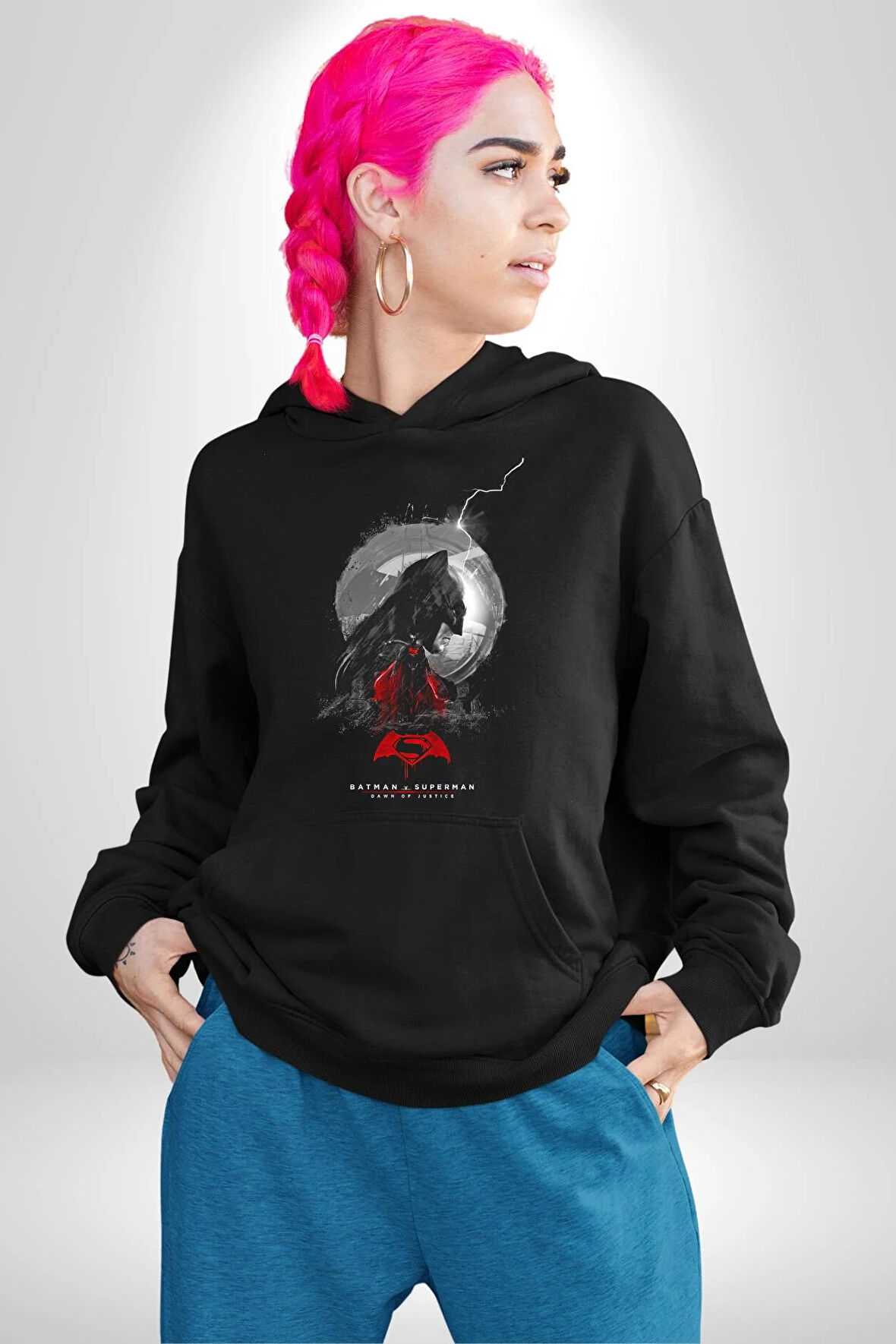 Batman Superman Dawn of Justice Film Karakterleri Kadın Erkek  Siyah Kapüşonlu Sweatshirt Hoodie