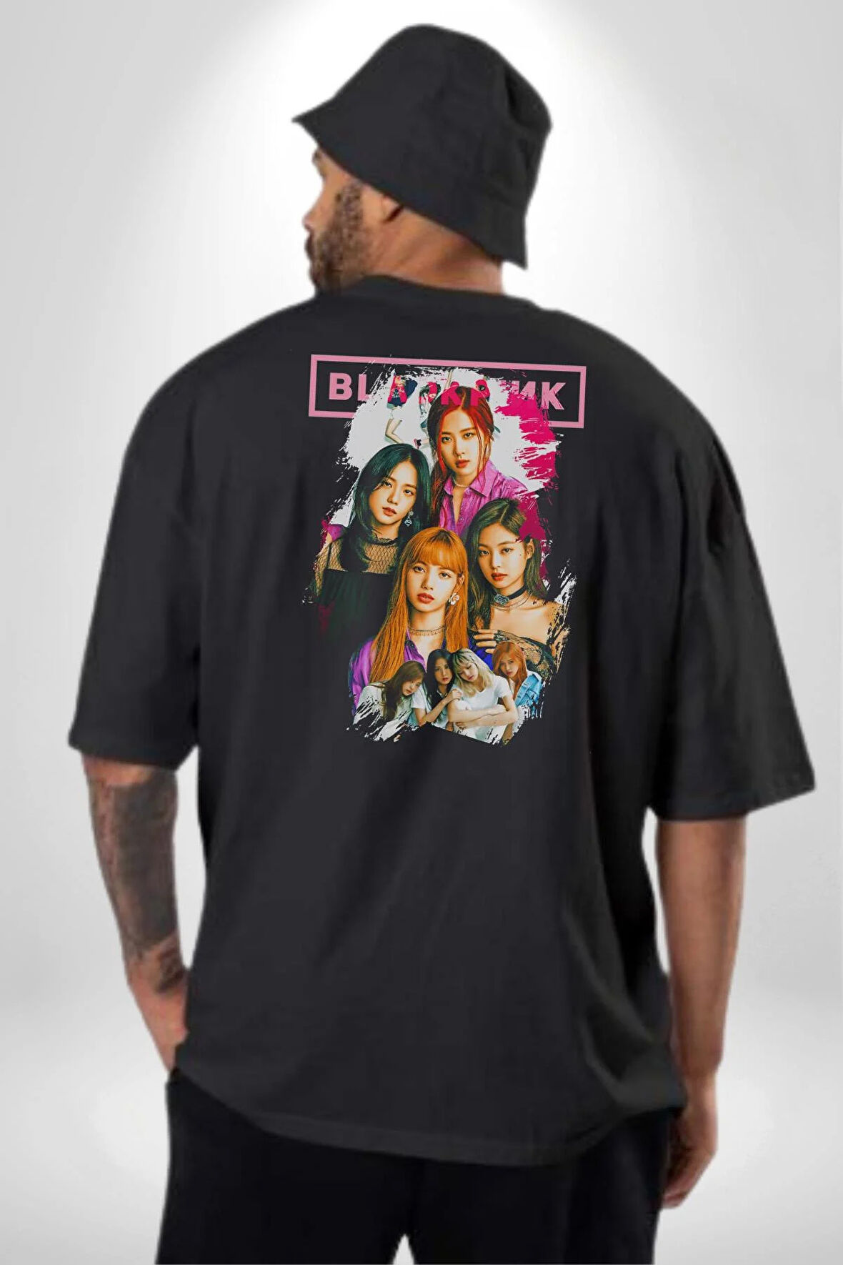 Blackpink Müzik Grubu  Pamuklu Kadın Erkek Oversize Sırt Dijital Baskılı Siyah T-shirt