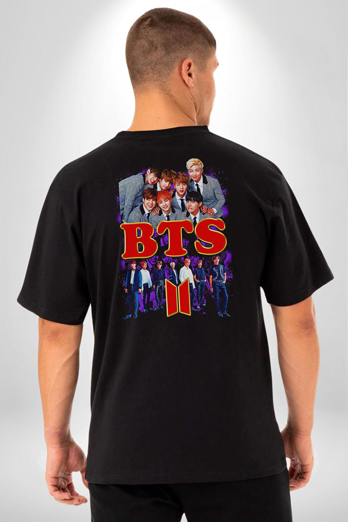 BTS 2 K-pop Müzik Grubu Pamuklu Kadın Erkek Oversize Sırt Dijital Baskılı Siyah T-shirt