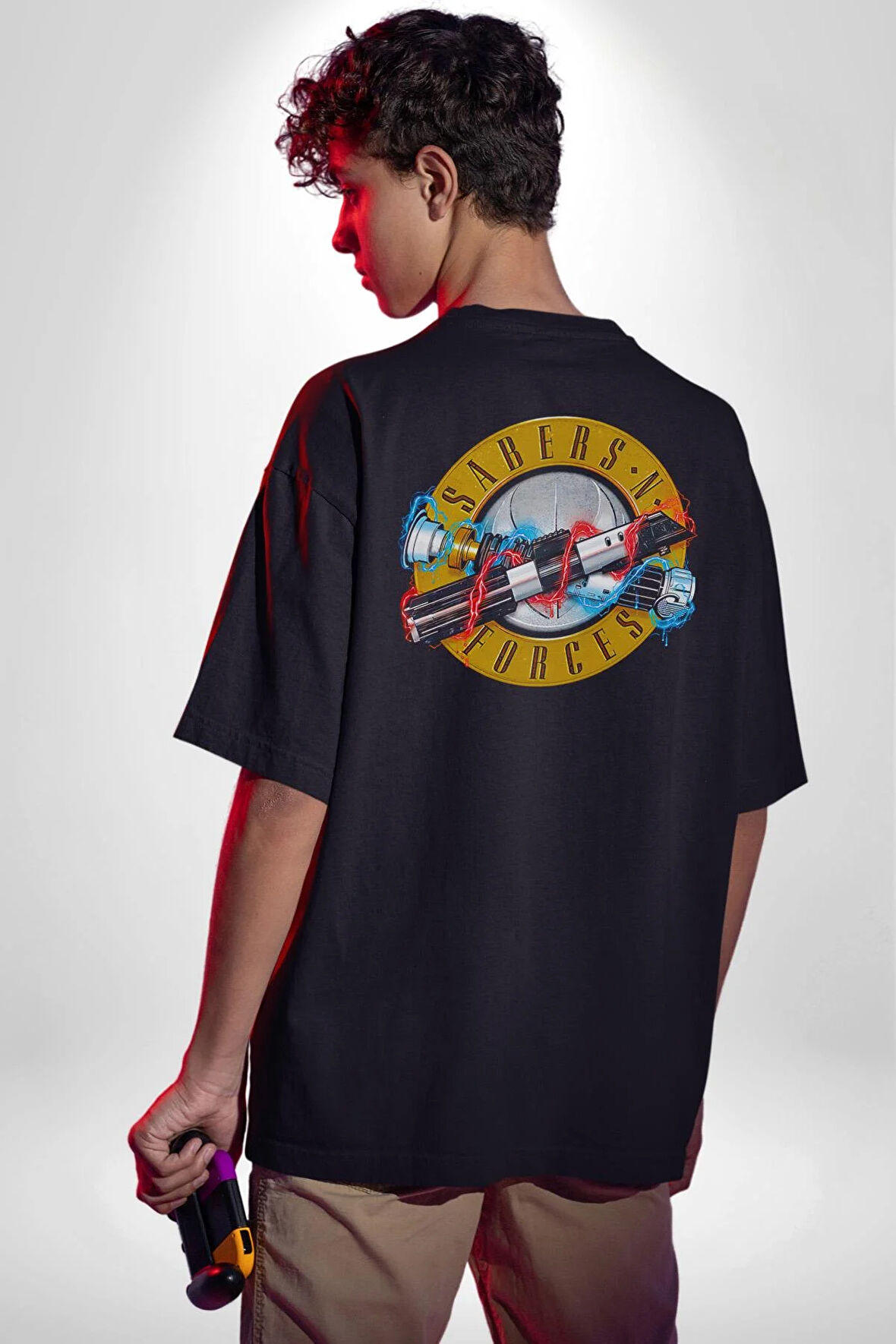 Saber N Forces  Pamuklu Kadın Erkek Oversize Sırt Dijital Baskılı Siyah T-shirt