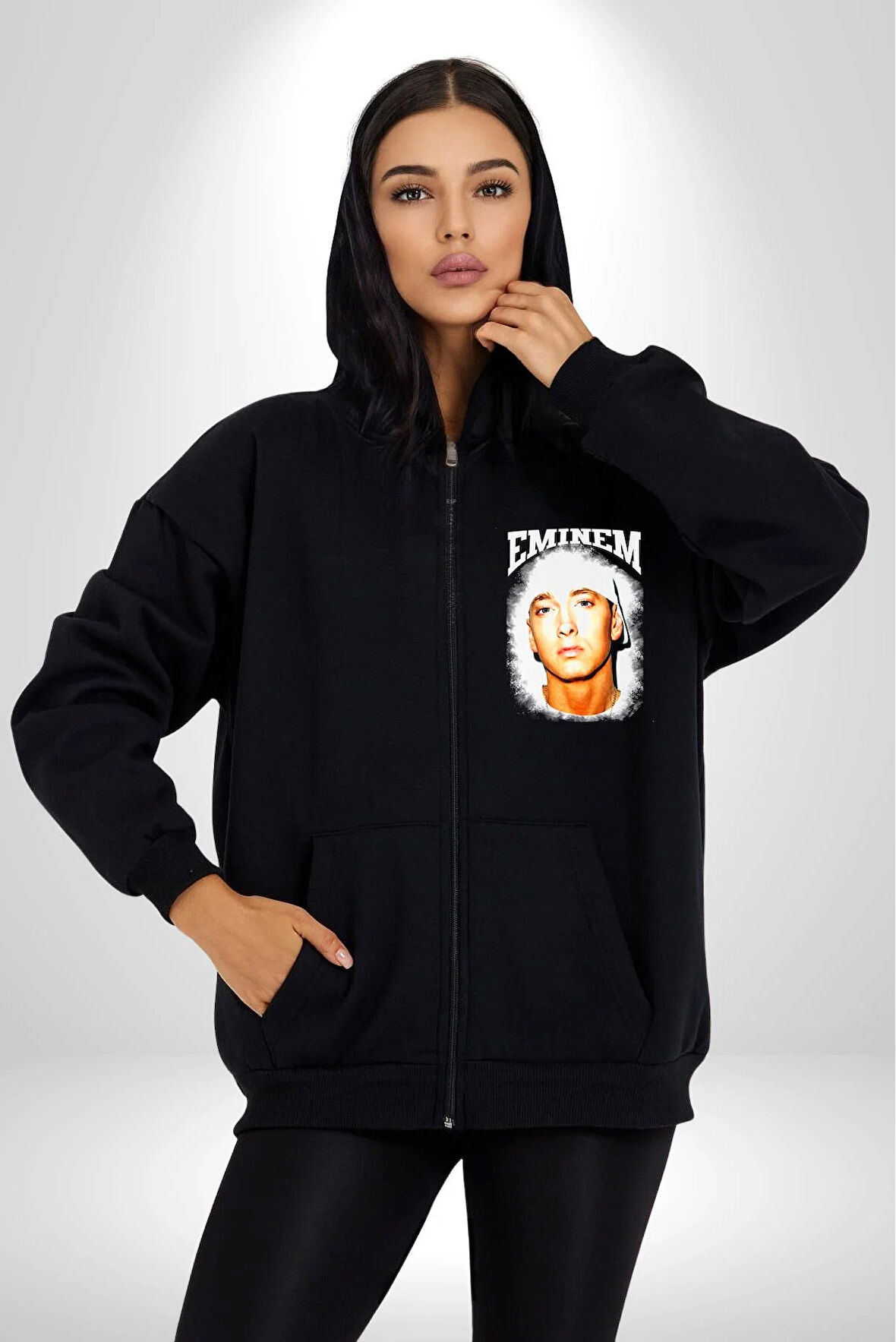 Eminem Hip Hop Rap Sanatcısı Kadın Erkek Siyah Kapüşonlu Fermuarlı Baskılı Hırka Sweatshirt