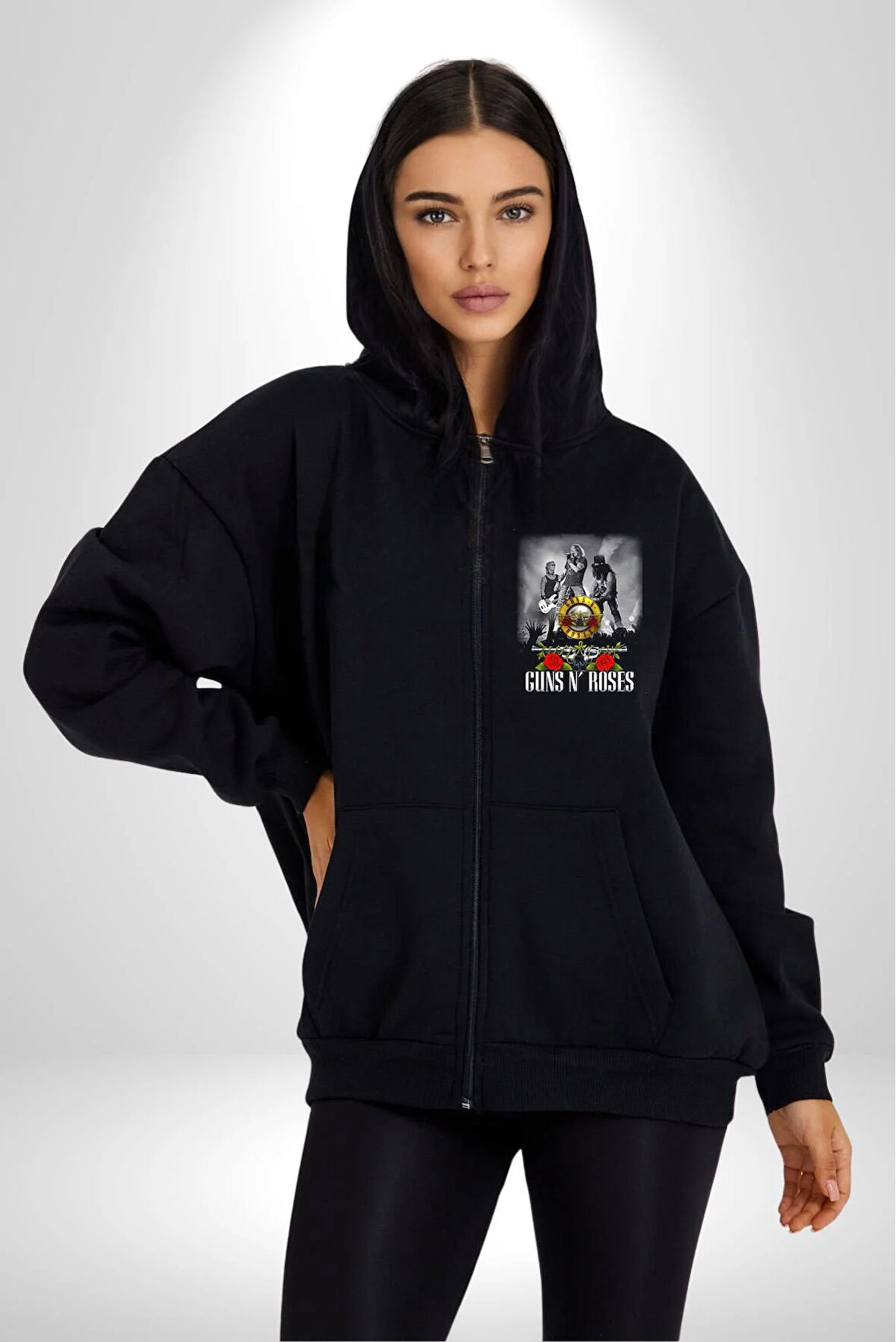 Guns N Roses Rock Grubu Logo Kadın Erkek Siyah Kapüşonlu Fermuarlı Baskılı Hırka Sweatshirt