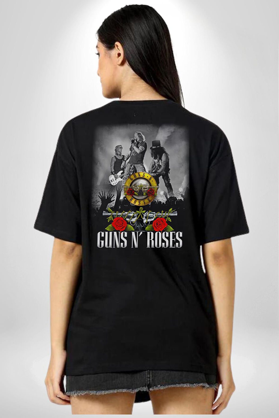 Guns N Roses Rock Grubu Logo Pamuklu Kadın Erkek Oversize Sırt Dijital Baskılı Siyah T-shirt