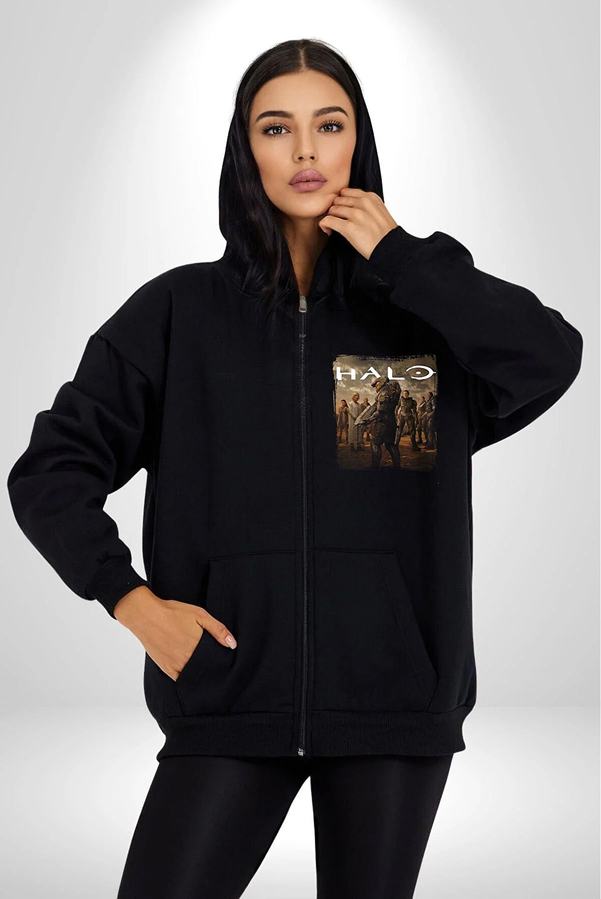 Halo Oyun Karakterleri Kadın Erkek Siyah Kapüşonlu Fermuarlı Baskılı Hırka Sweatshirt