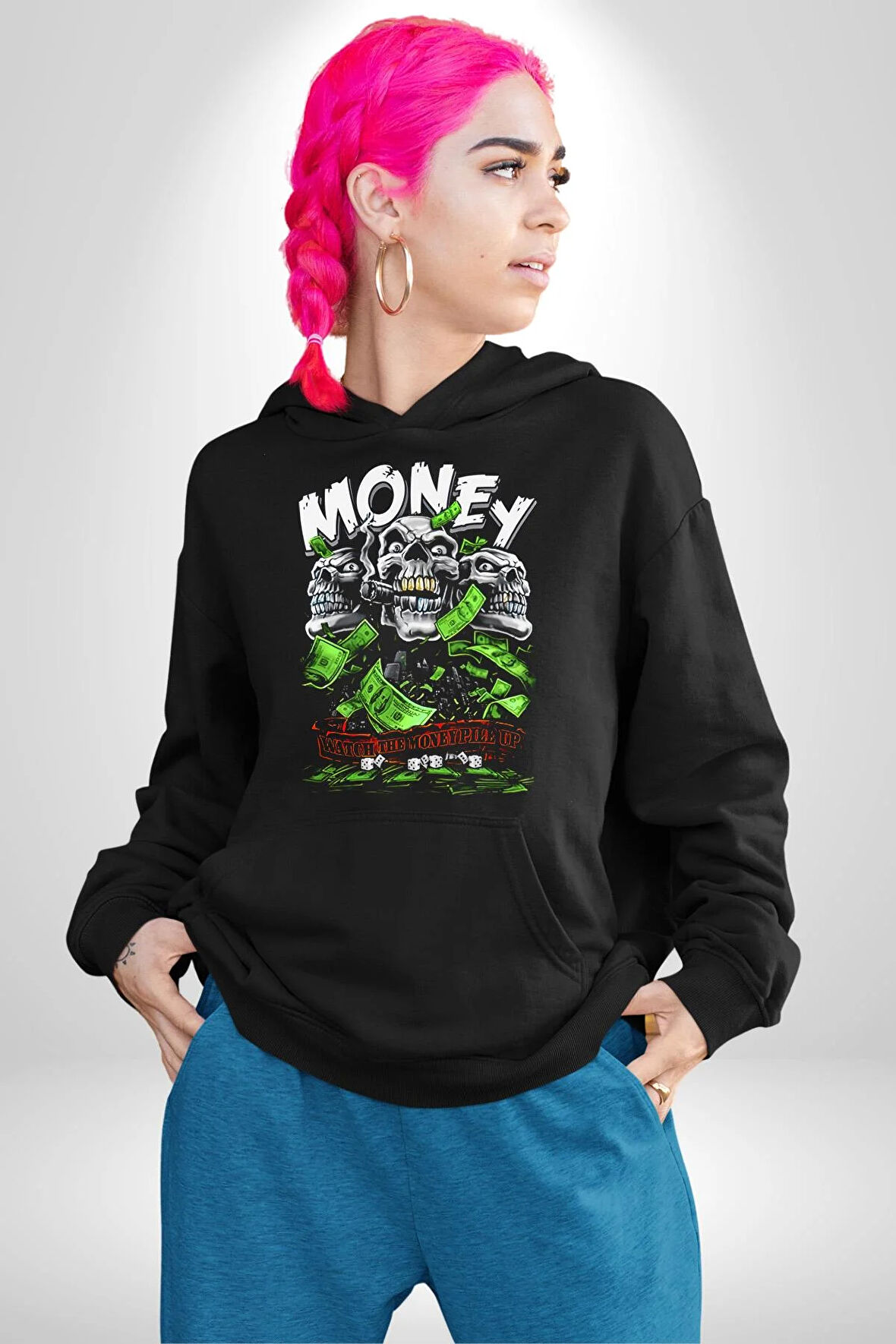 Dolar Kurukafa Kadın Erkek  Siyah Kapüşonlu Sweatshirt Hoodie