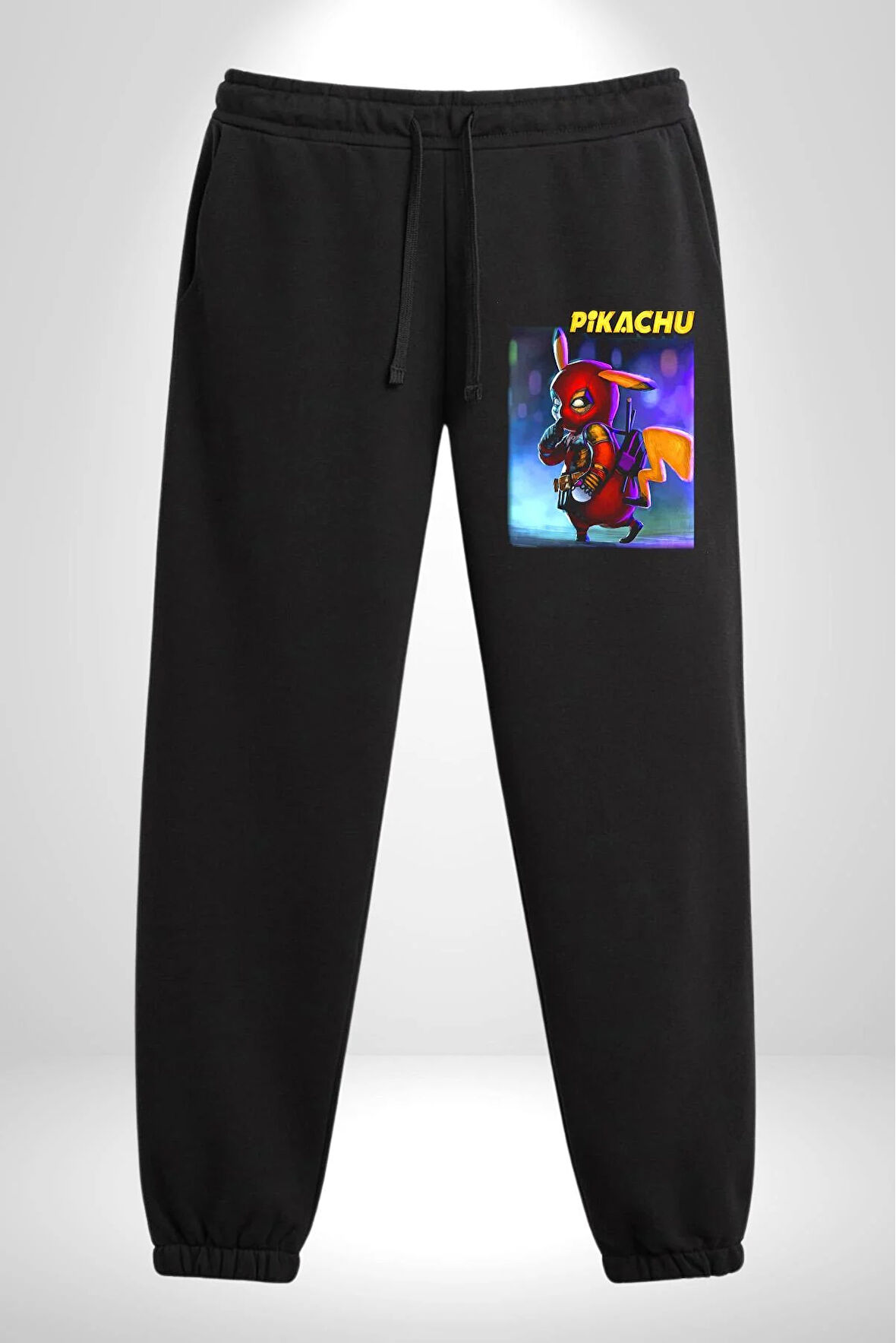 Pikachu Deadpool  3 İplik Erkek Baskılı Siyah Eşofman Altı