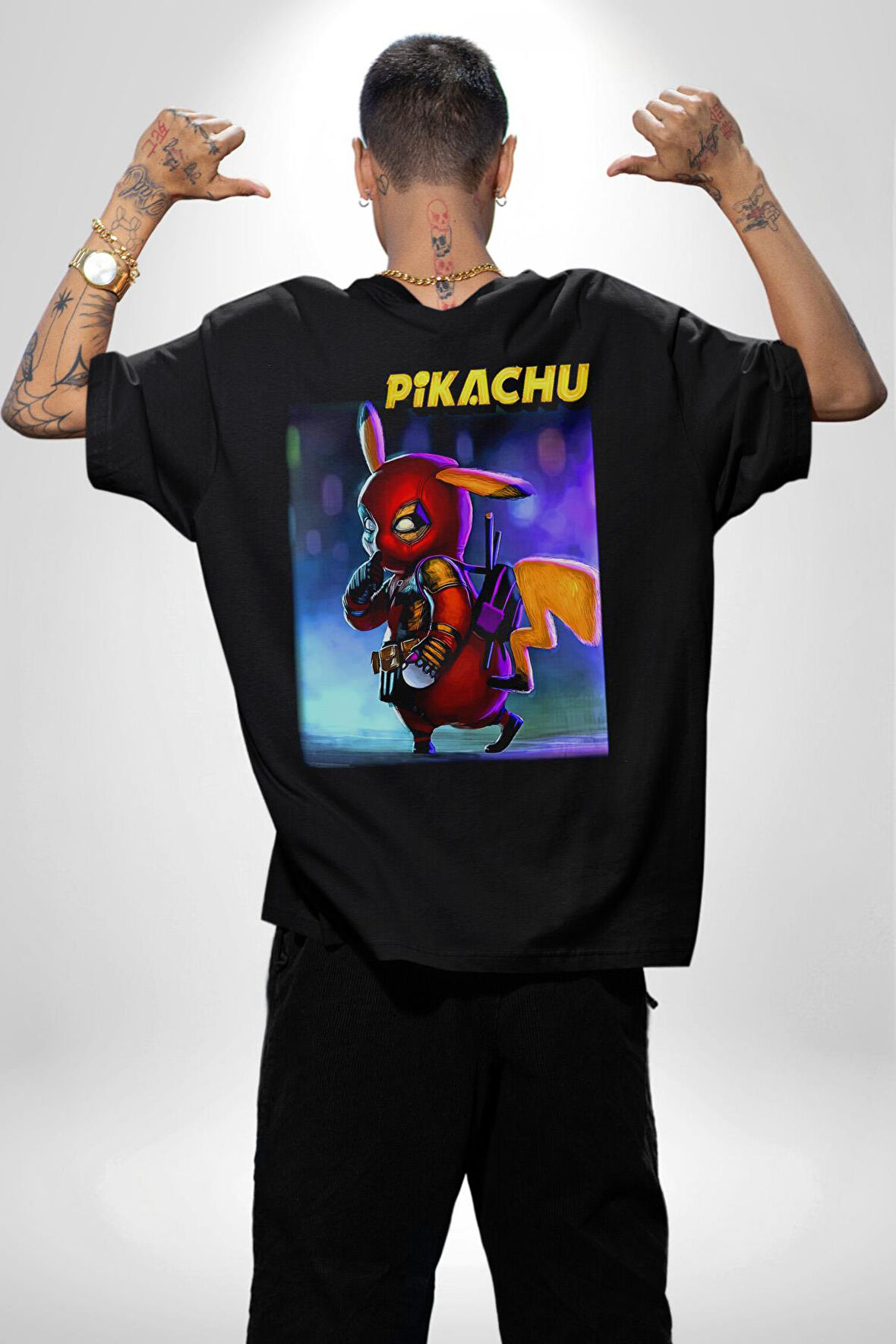 Pikachu Deadpool  Pamuklu Kadın Erkek Oversize Sırt Dijital Baskılı Siyah T-shirt