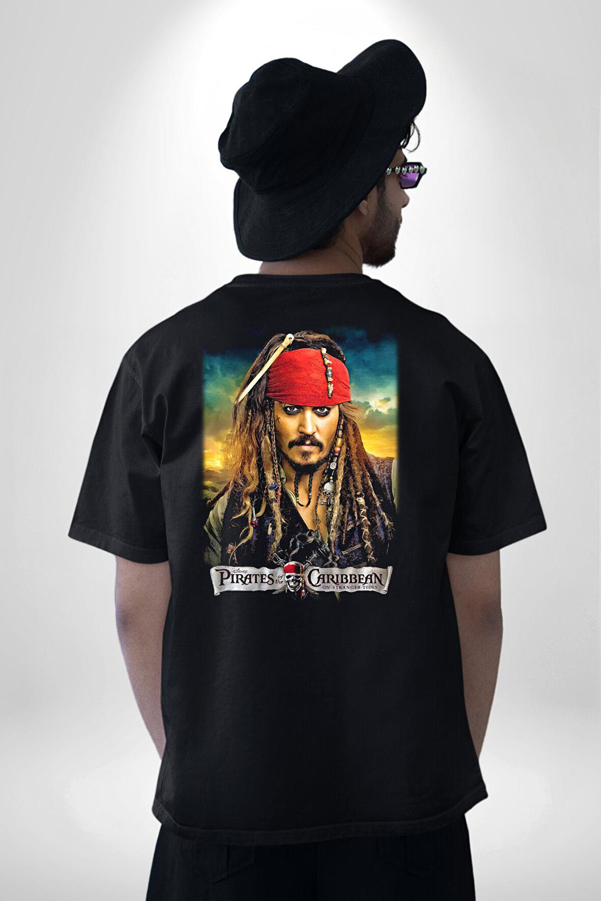 Karayip Korsanları Pamuklu Kadın Erkek Oversize Sırt Dijital Baskılı Siyah T-shirt