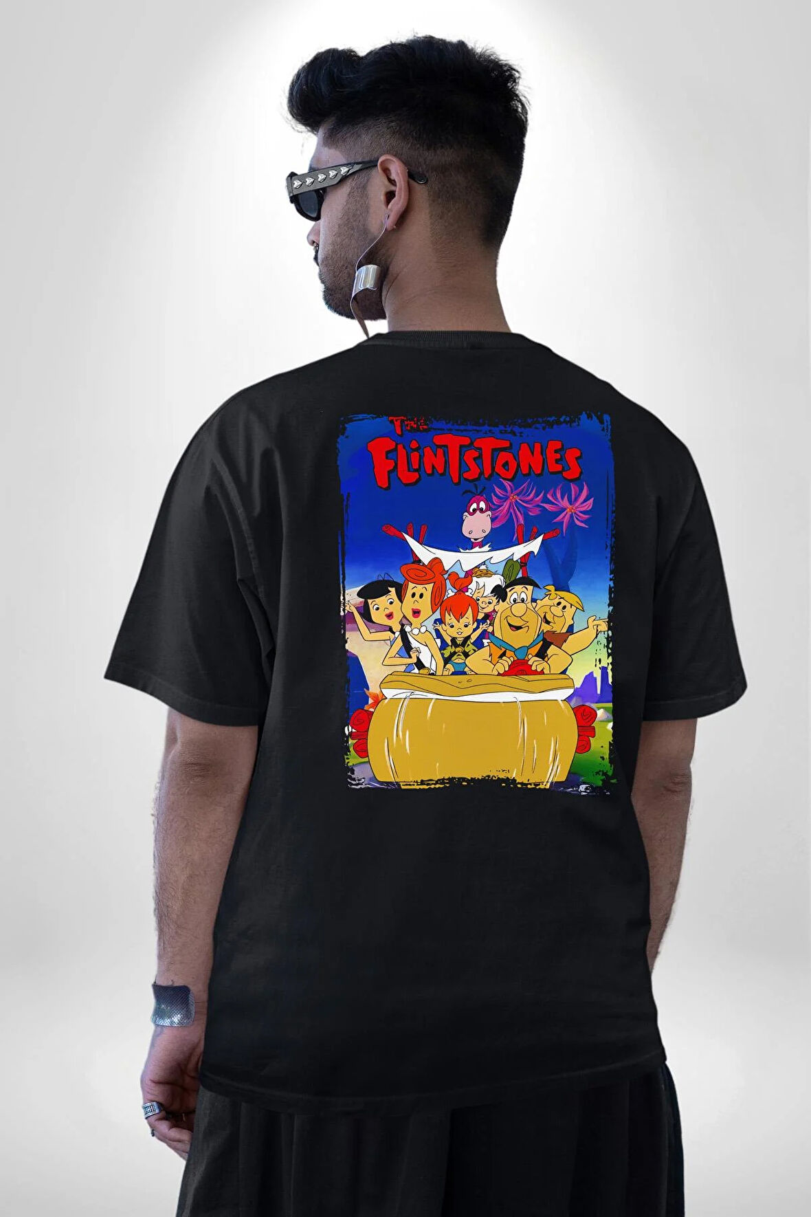 The Flintstones Taş Devri Pamuklu Kadın Erkek Oversize Sırt Dijital Baskılı Siyah T-shirt
