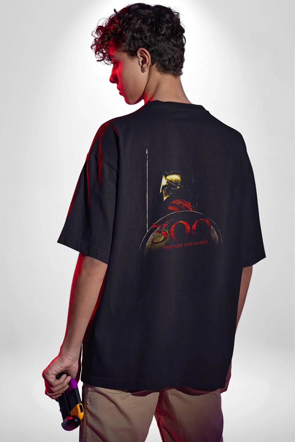 300 Sparta Savaşcı Film Pamuklu Kadın Erkek Oversize Sırt Dijital Baskılı Siyah T-shirt