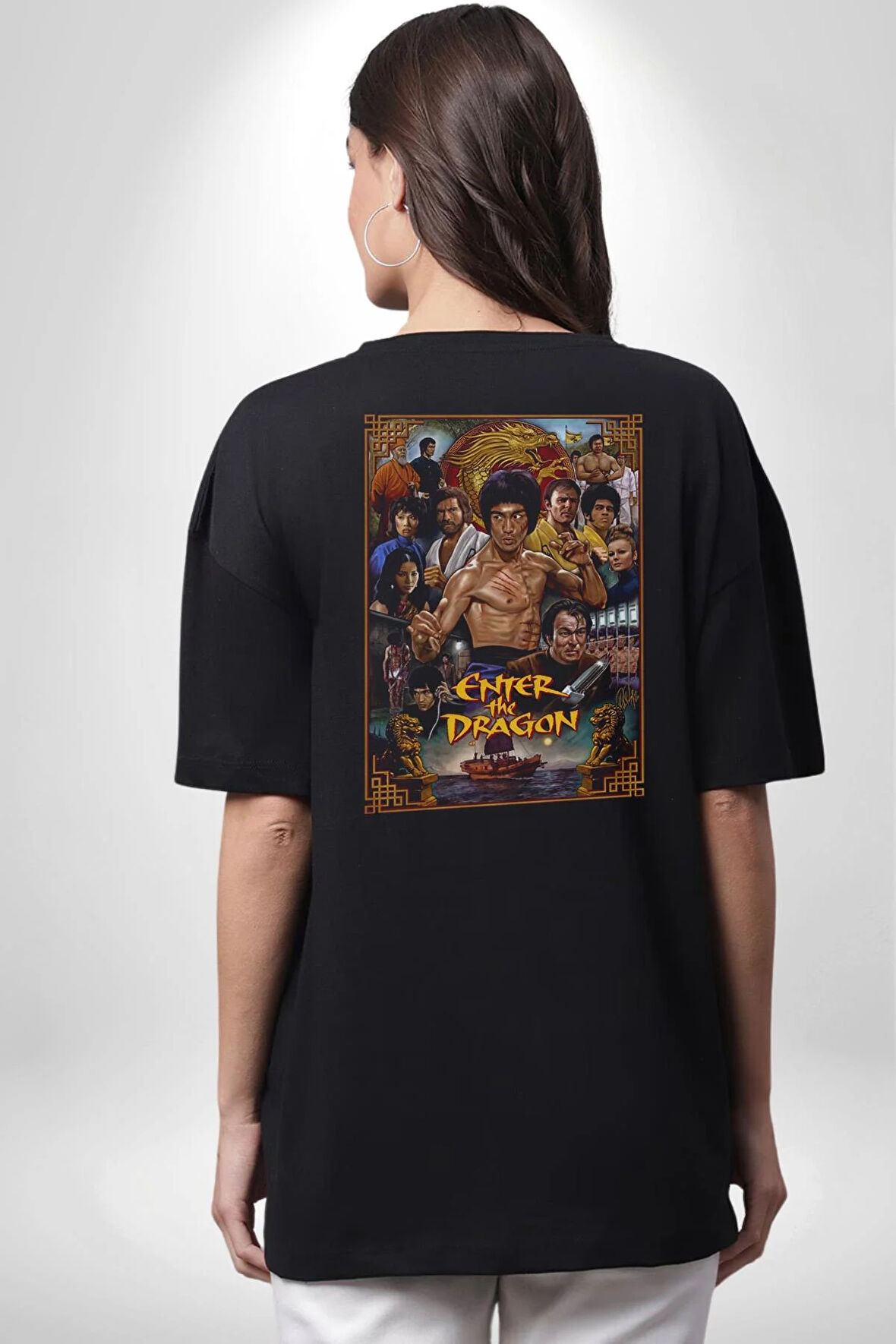 Enter The Dragon Bruce Lee Afiş Pamuklu Kadın Erkek Oversize Sırt Dijital Baskılı Siyah T-shirt