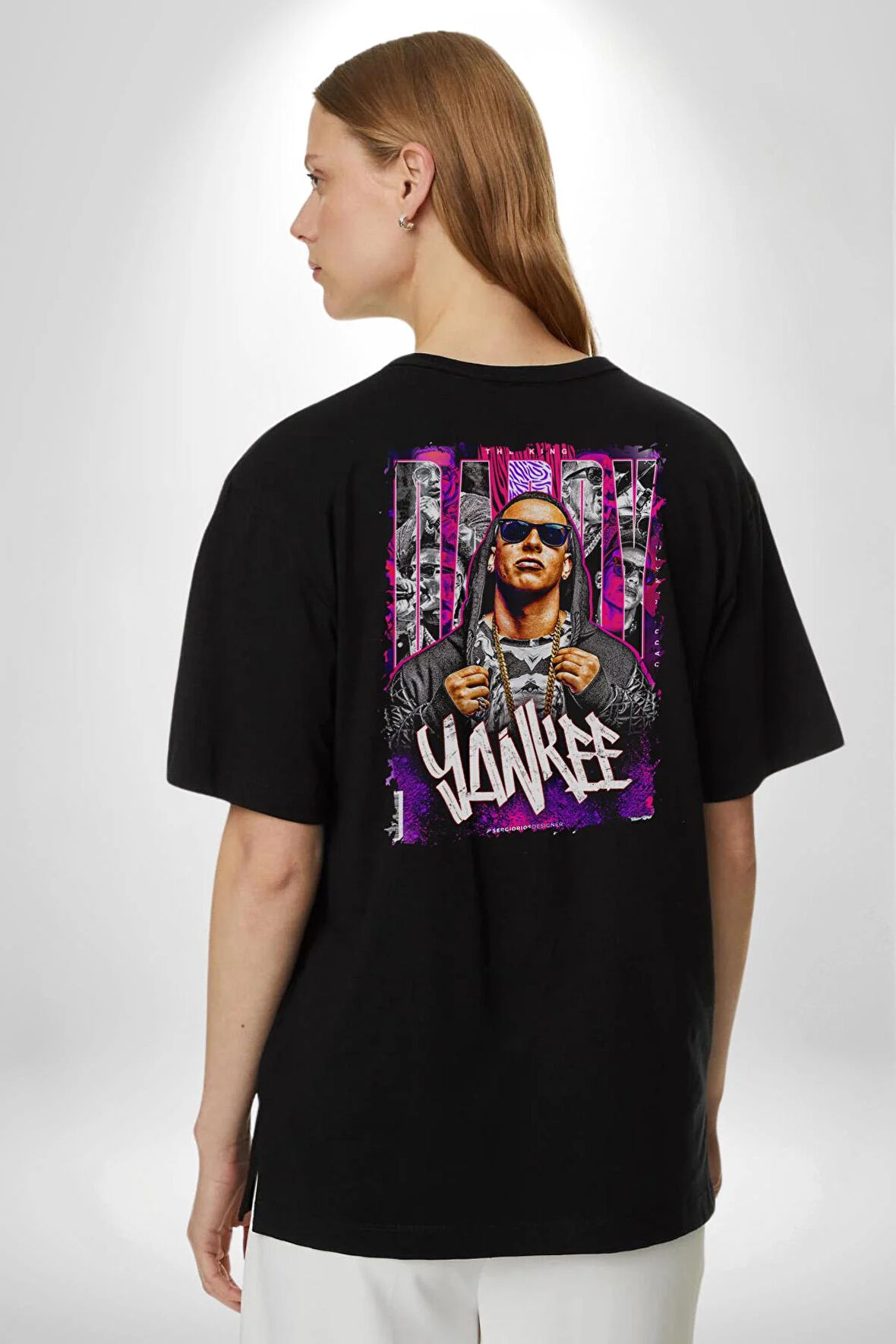 Daddy Yankee Müzik Star Pamuklu Kadın Erkek Oversize Sırt Dijital Baskılı Siyah T-shirt