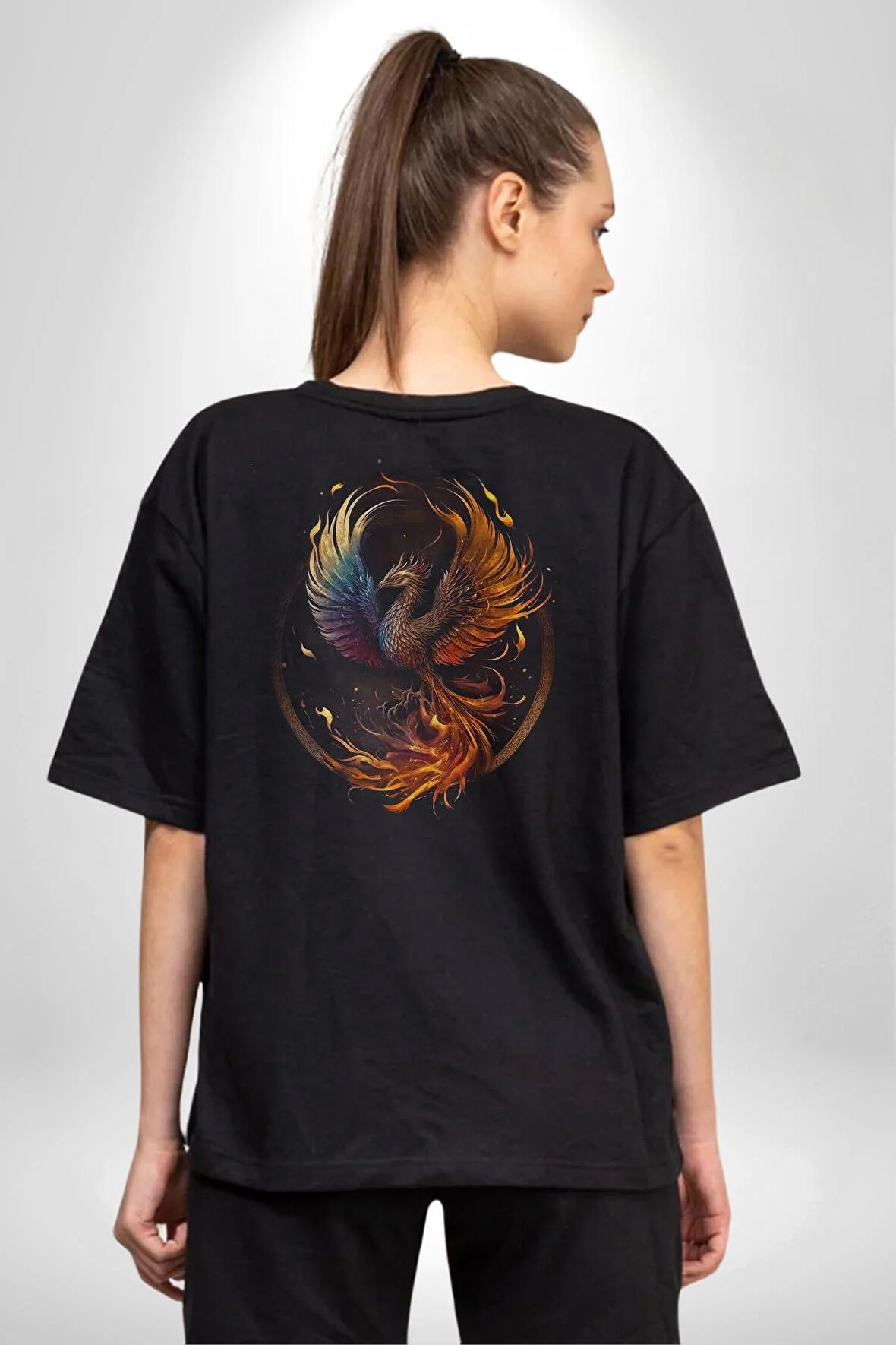 Yanan Anka Kuşu Açlık Oyunları Pamuklu Kadın Erkek Oversize Sırt Dijital Baskılı Siyah T-shirt