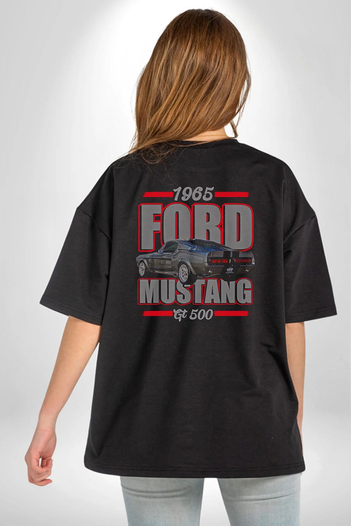 1965 Ford Mustang GT 500  Pamuklu Kadın Erkek Oversize Sırt Dijital Baskılı Siyah T-shirt