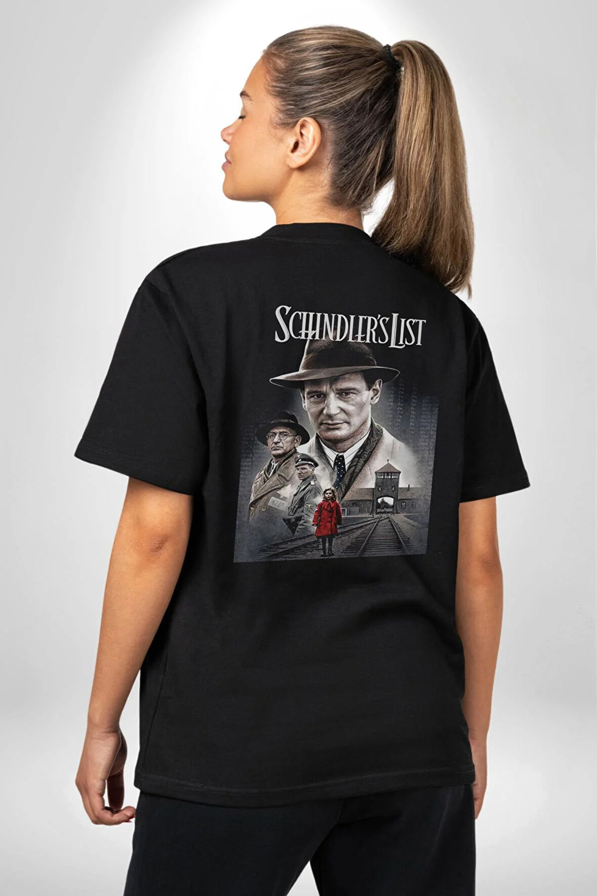 Schindler's List Kitap Film Kapağı Pamuklu Kadın Erkek Oversize Sırt Dijital Baskılı Siyah T-shirt