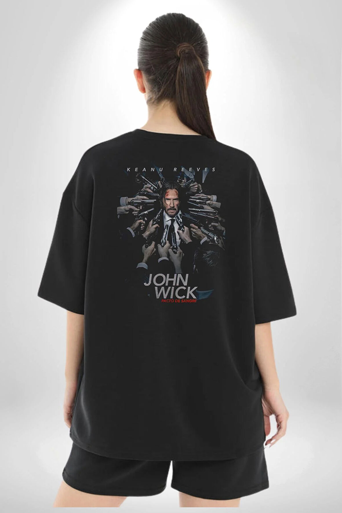 John Wick Keanu Reeves Pamuklu Kadın Erkek Oversize Sırt Dijital Baskılı Siyah T-shirt