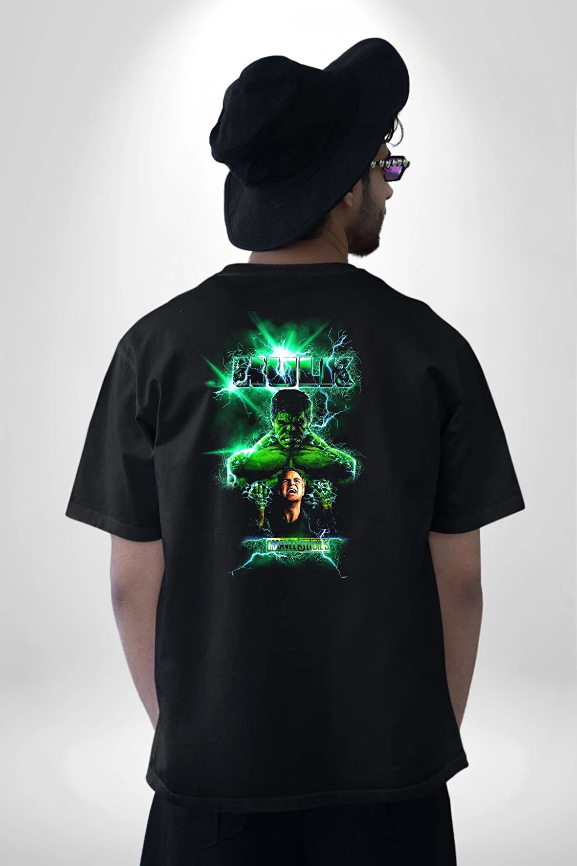 HULK Marvel Film Oyuncular Pamuklu Kadın Erkek Oversize Sırt Dijital Baskılı Siyah T-shirt