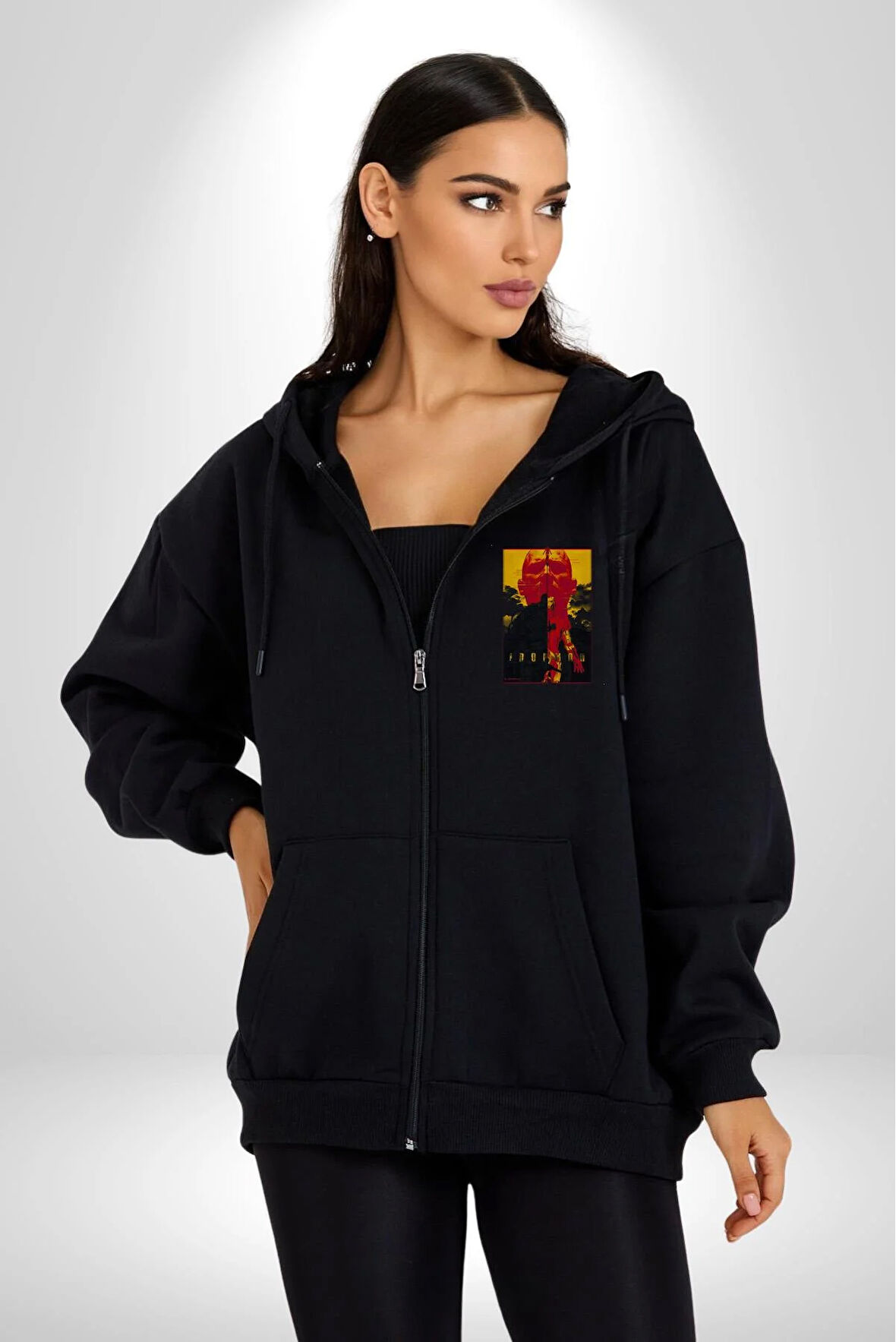 IRONMAN Film Karekterler Oyuncular Kadın Erkek Siyah Kapüşonlu Fermuarlı Baskılı Hırka Sweatshirt
