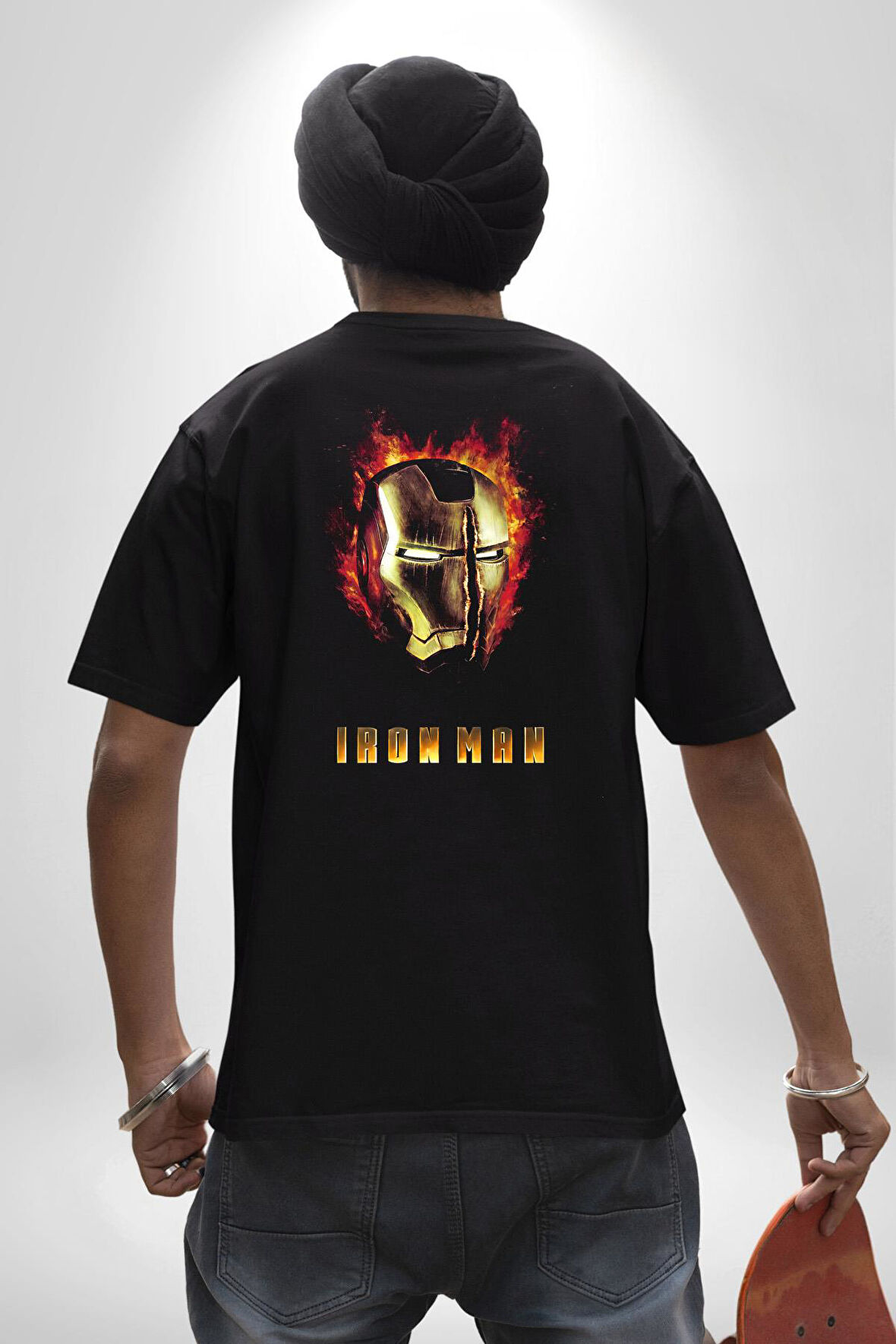 IRONman Film Pamuklu Kadın Erkek Oversize Sırt Dijital Baskılı Siyah T-shirt