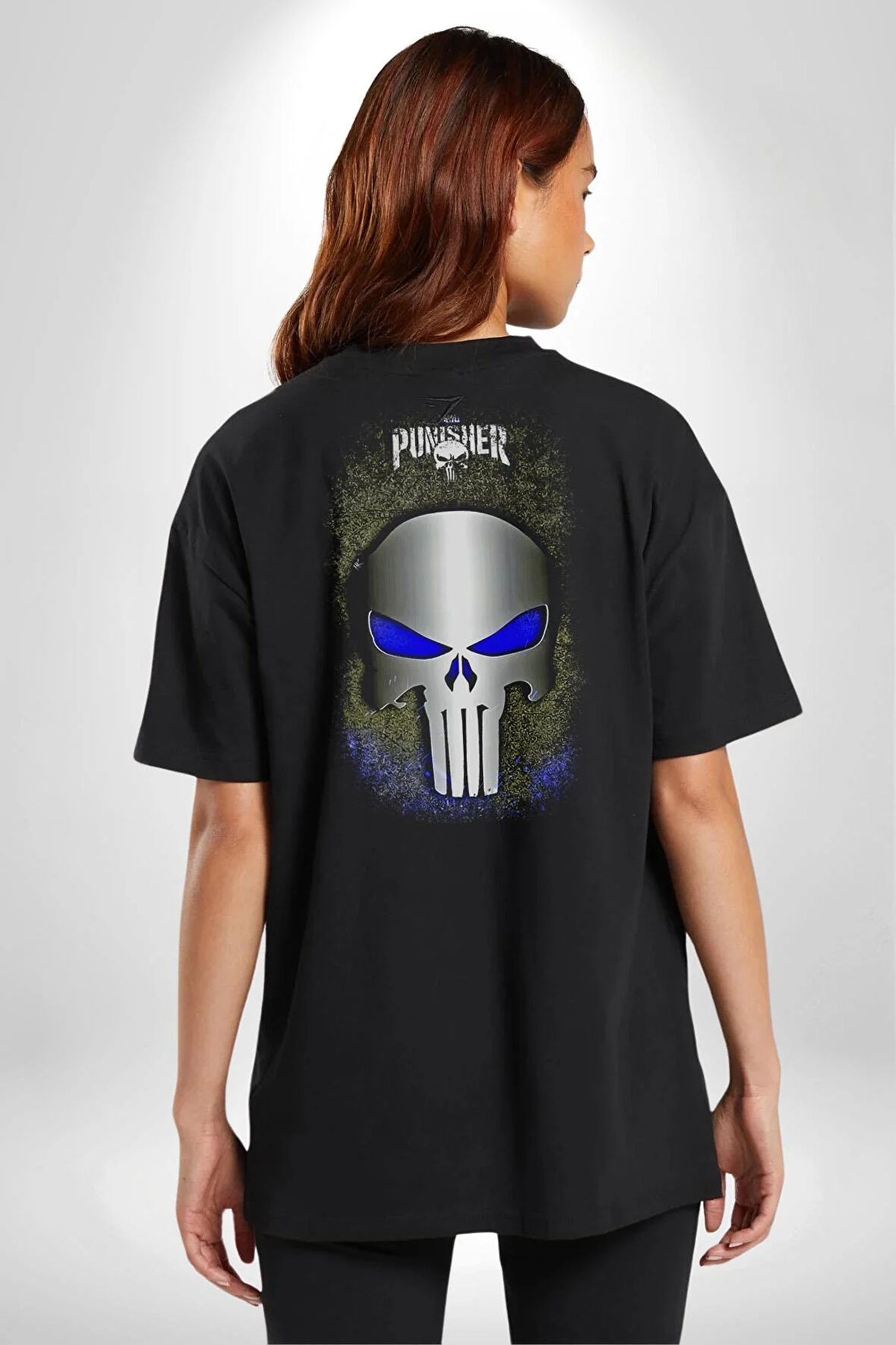 Punisher Pamuklu Kadın Erkek Oversize Sırt Dijital Baskılı Siyah T-shirt
