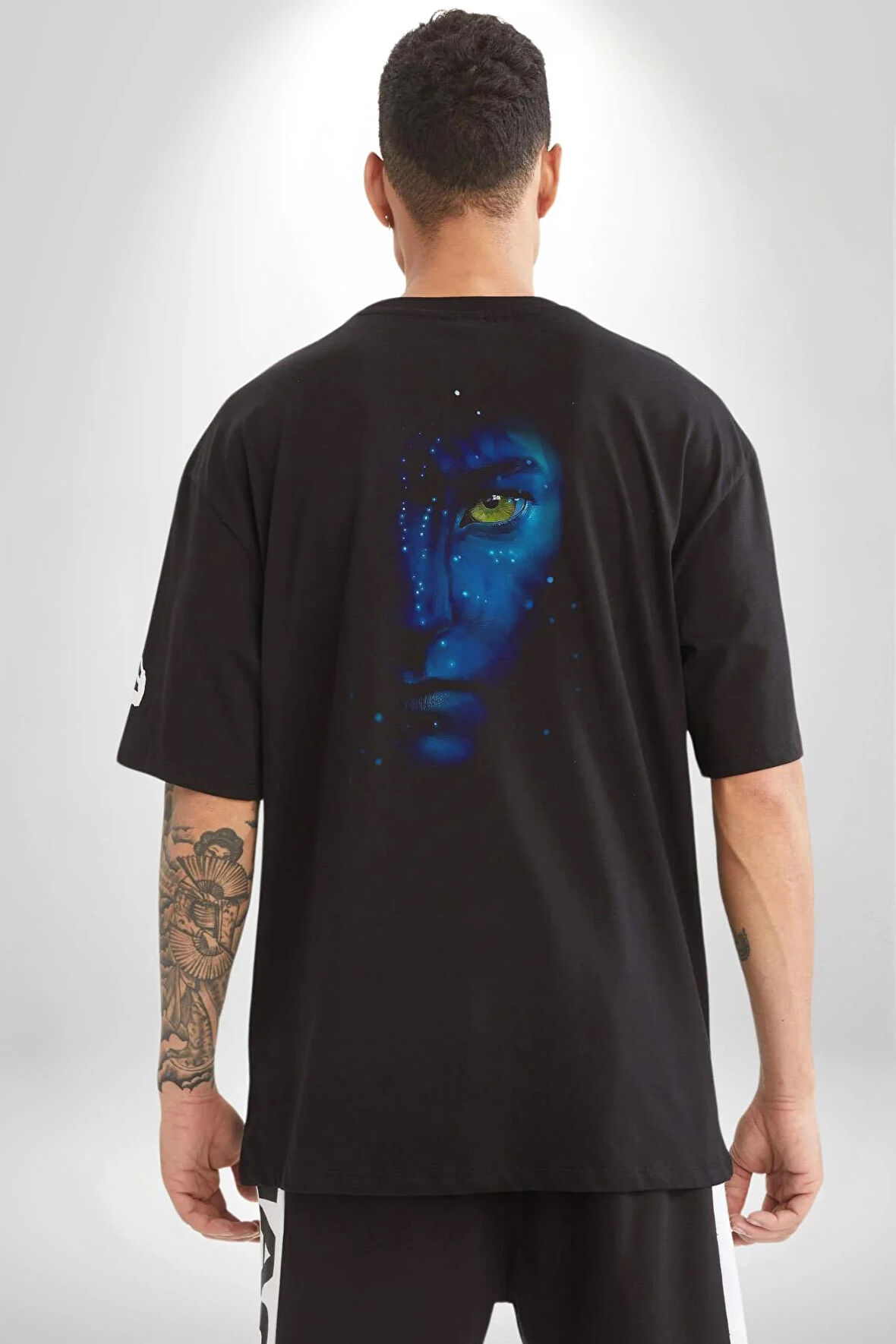 Avatar Face Film Pamuklu Kadın Erkek Oversize Sırt Dijital Baskılı Siyah T-shirt