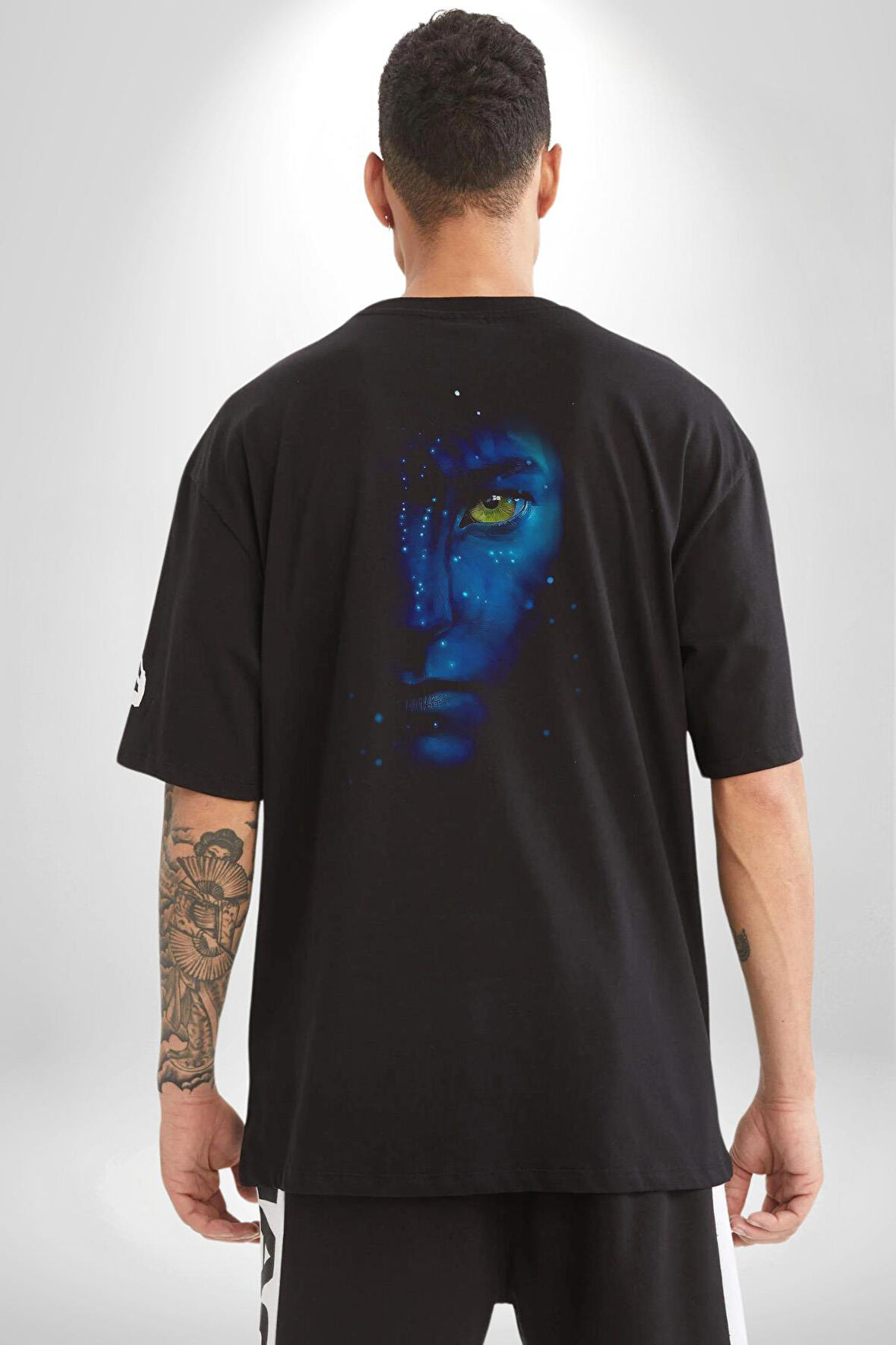 Avatar Face Film Pamuklu Kadın Erkek Oversize Sırt Dijital Baskılı Siyah T-shirt