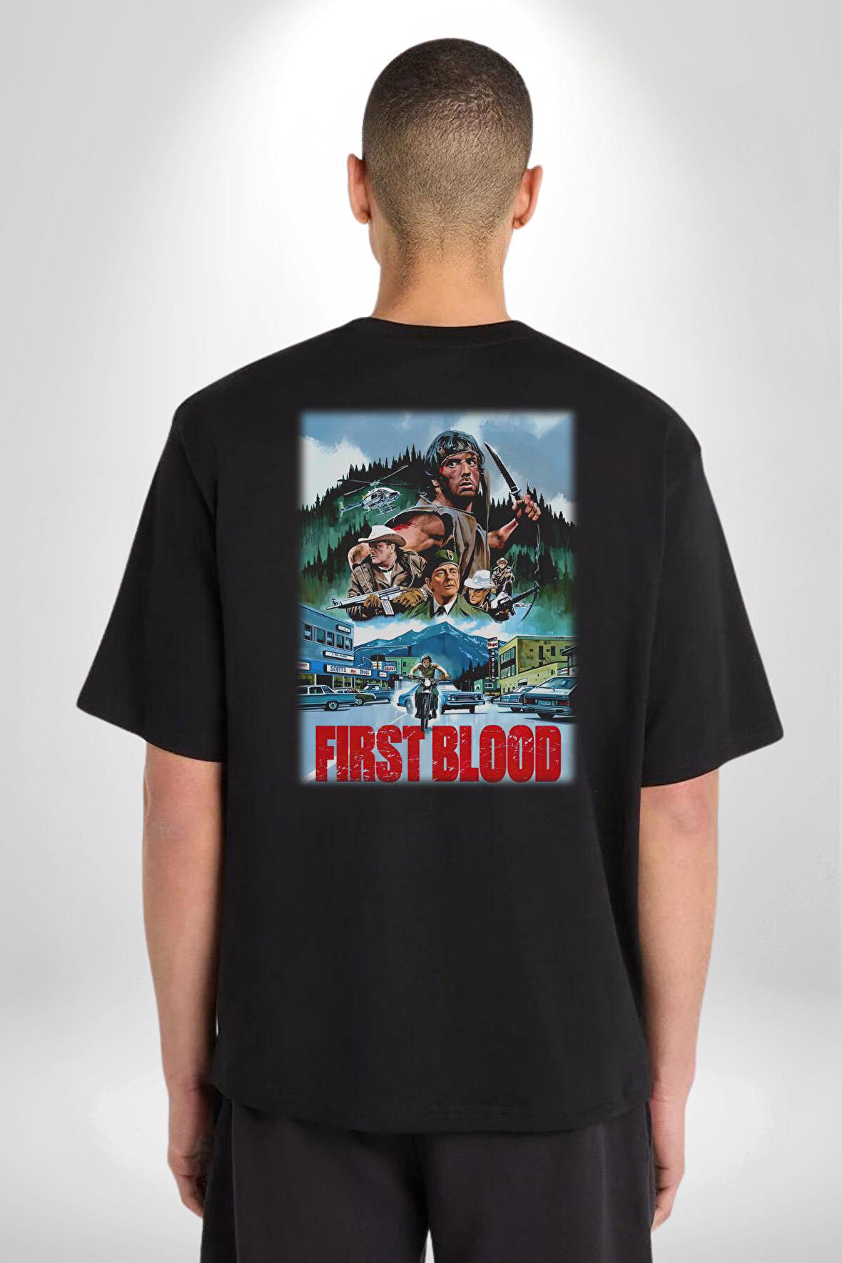 Rambo First Blood Film Afiş Pamuklu Kadın Erkek Oversize Sırt Dijital Baskılı Siyah T-shirt