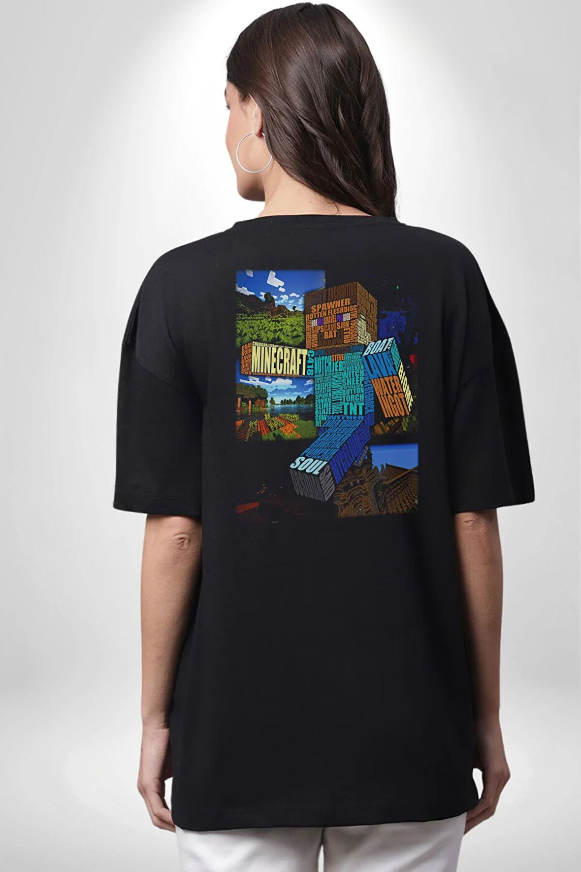 MineCraft Steve Pamuklu Kadın Erkek Oversize Sırt Dijital Baskılı Siyah T-shirt
