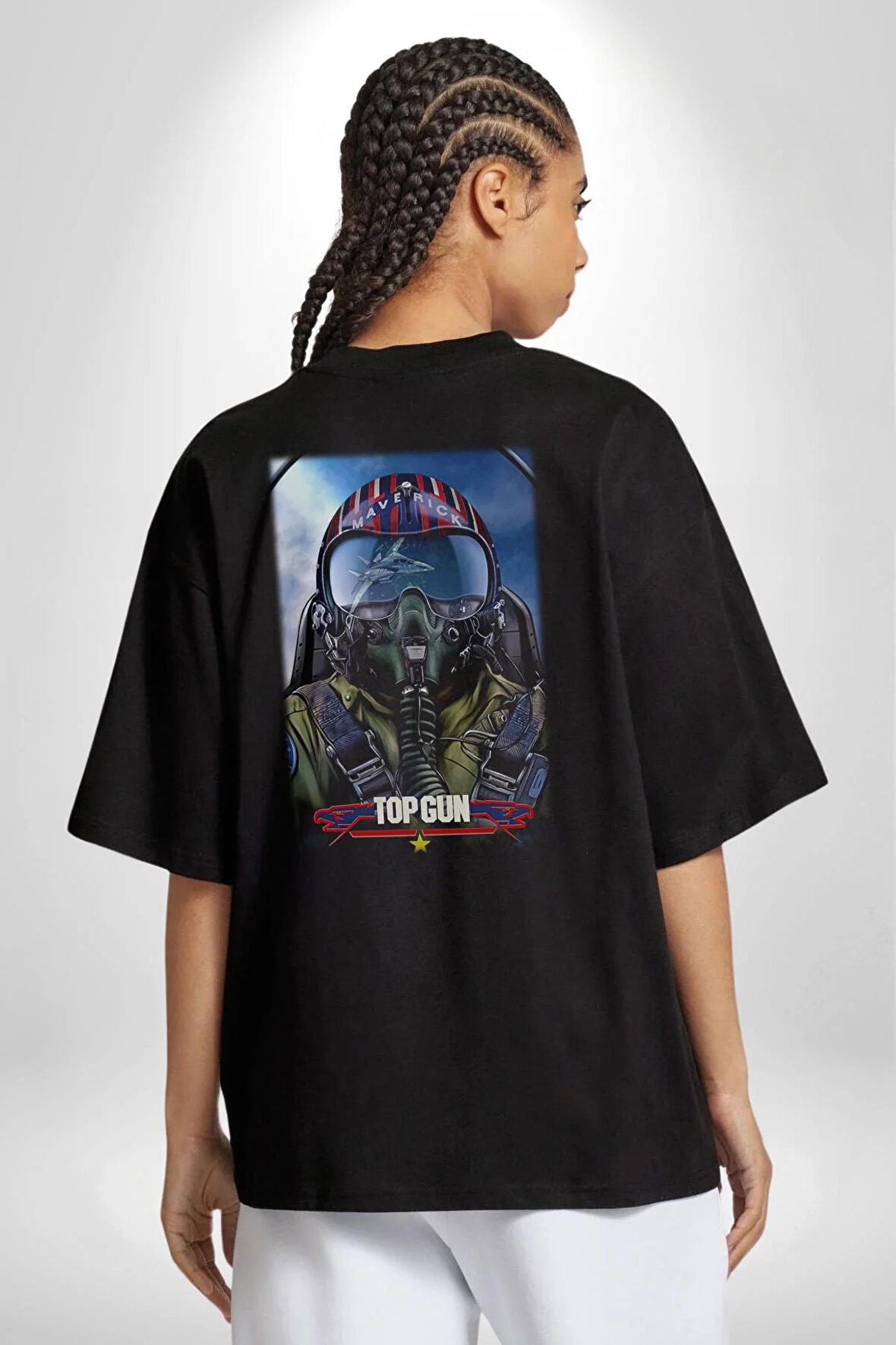 Topgun Maverick Film F16 Ucak Pamuklu Kadın Erkek Oversize Sırt Dijital Baskılı Siyah T-shirt