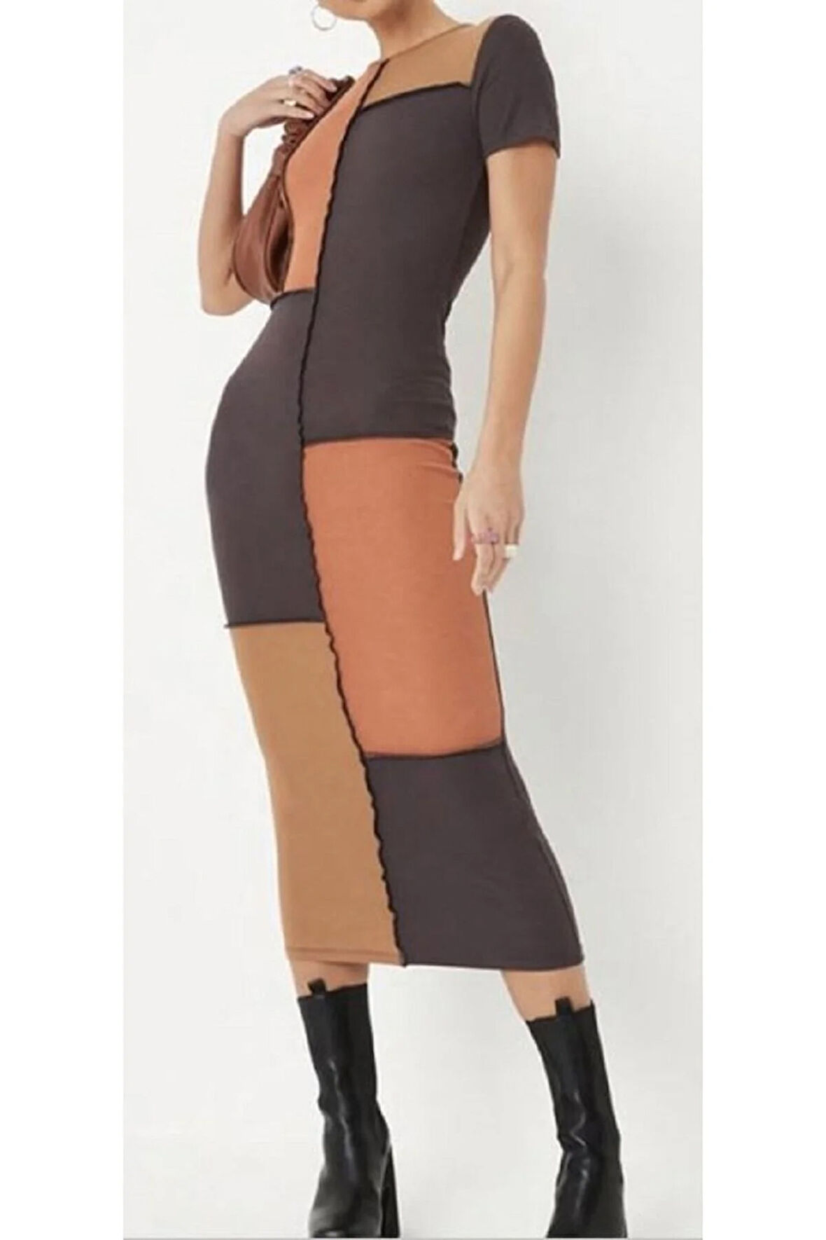 Ters Dikiş Detaylı Midi Elbise