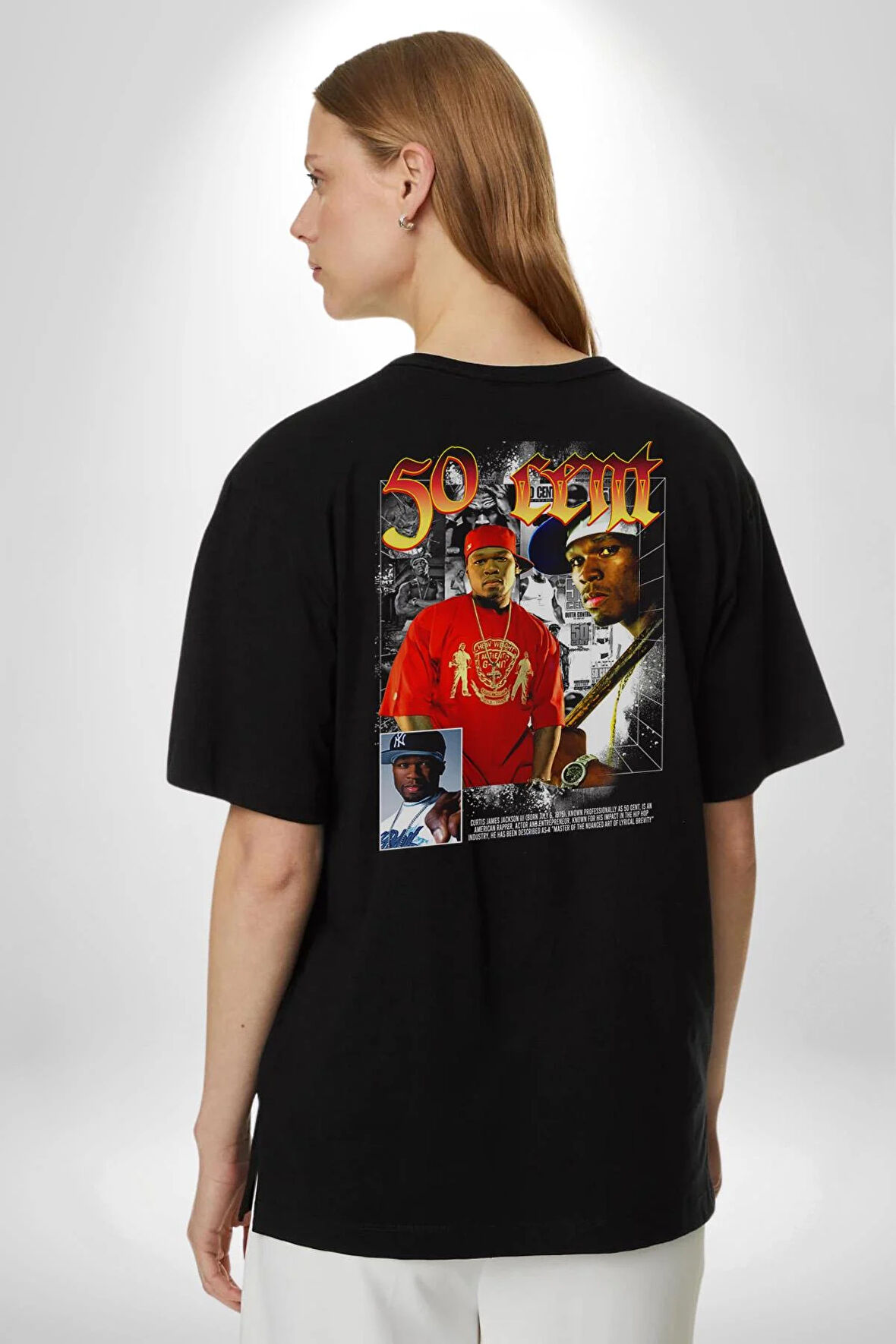 50 Cent Hip Hop Pamuklu Kadın Erkek Oversize Sırt Dijital Baskılı Siyah T-shirt