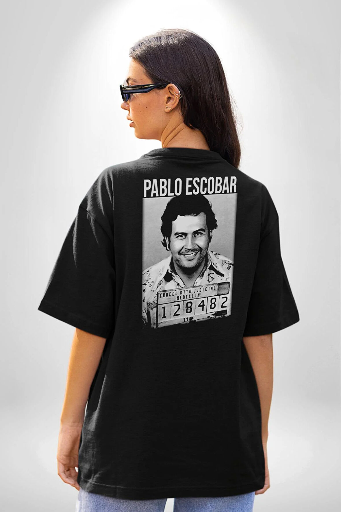 Pablo Escobar Pamuklu Kadın Erkek Oversize Sırt Dijital Baskılı Siyah T-shirt