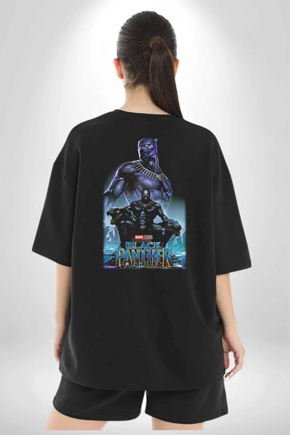 Black Panter Taht Film Pamuklu Kadın Erkek Oversize Sırt Dijital Baskılı Siyah T-shirt