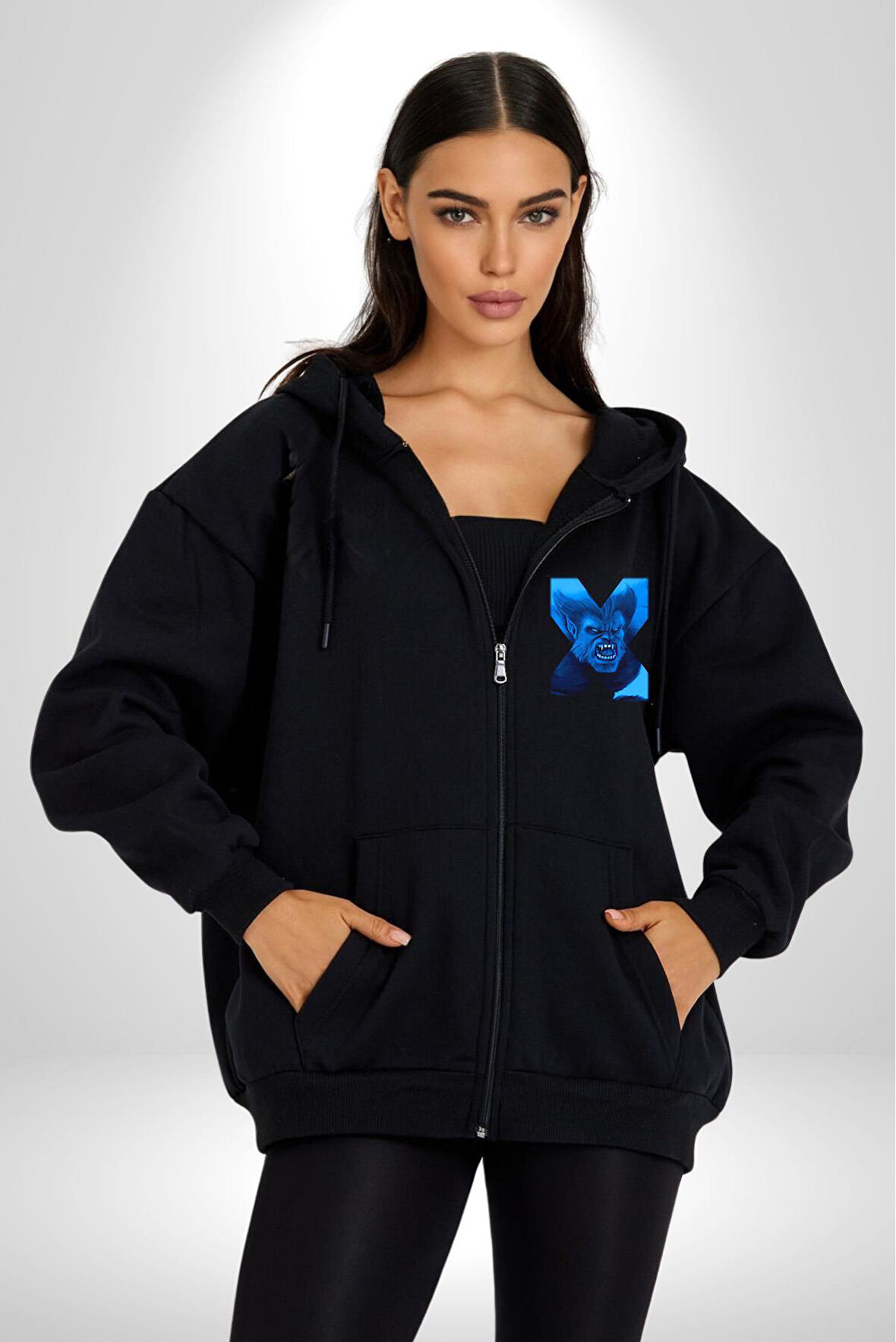 X-Men Mavi Adam Kadın Erkek Siyah Kapüşonlu Fermuarlı Baskılı Hırka Sweatshirt